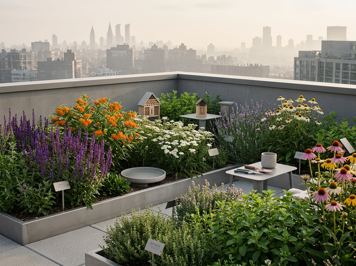 Rooftop garden with colorful flowers and small decorative birdhouses overlooking a city skyline with tall buildings.