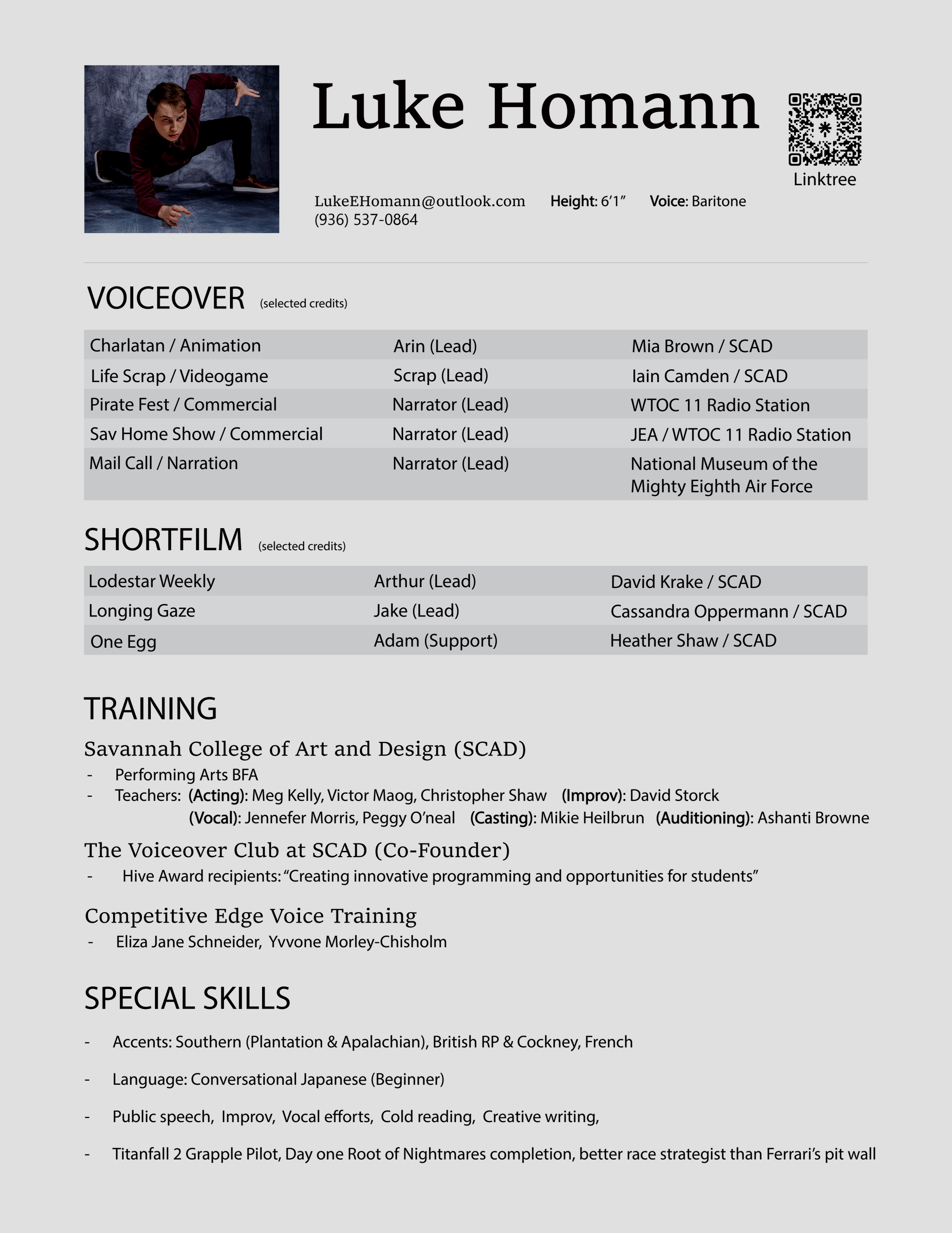 A business card for Luke Homann featuring a young man in a breakdancing pose with a dark, textured background. The card includes contact information, physical attributes, voice type, and lists various voiceover credits and activities.