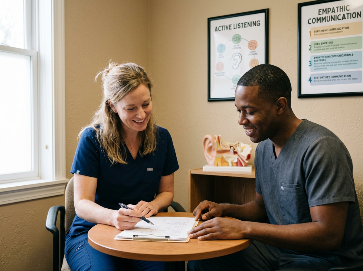 Two healthcare professionals, one woman and one man, sitting at a small round table, smiling, reviewing documents together in a medical office with educational posters on communication skills on the wall.