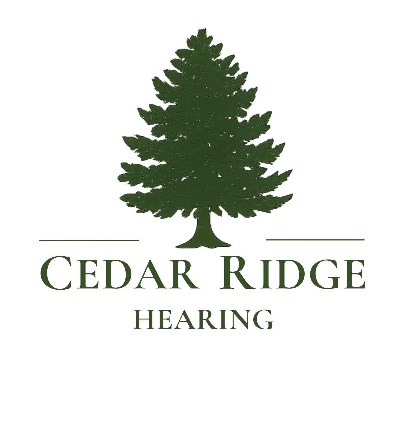 Cedar Ridge Hearing logo featuring a Cedar Tree icon in dark green.