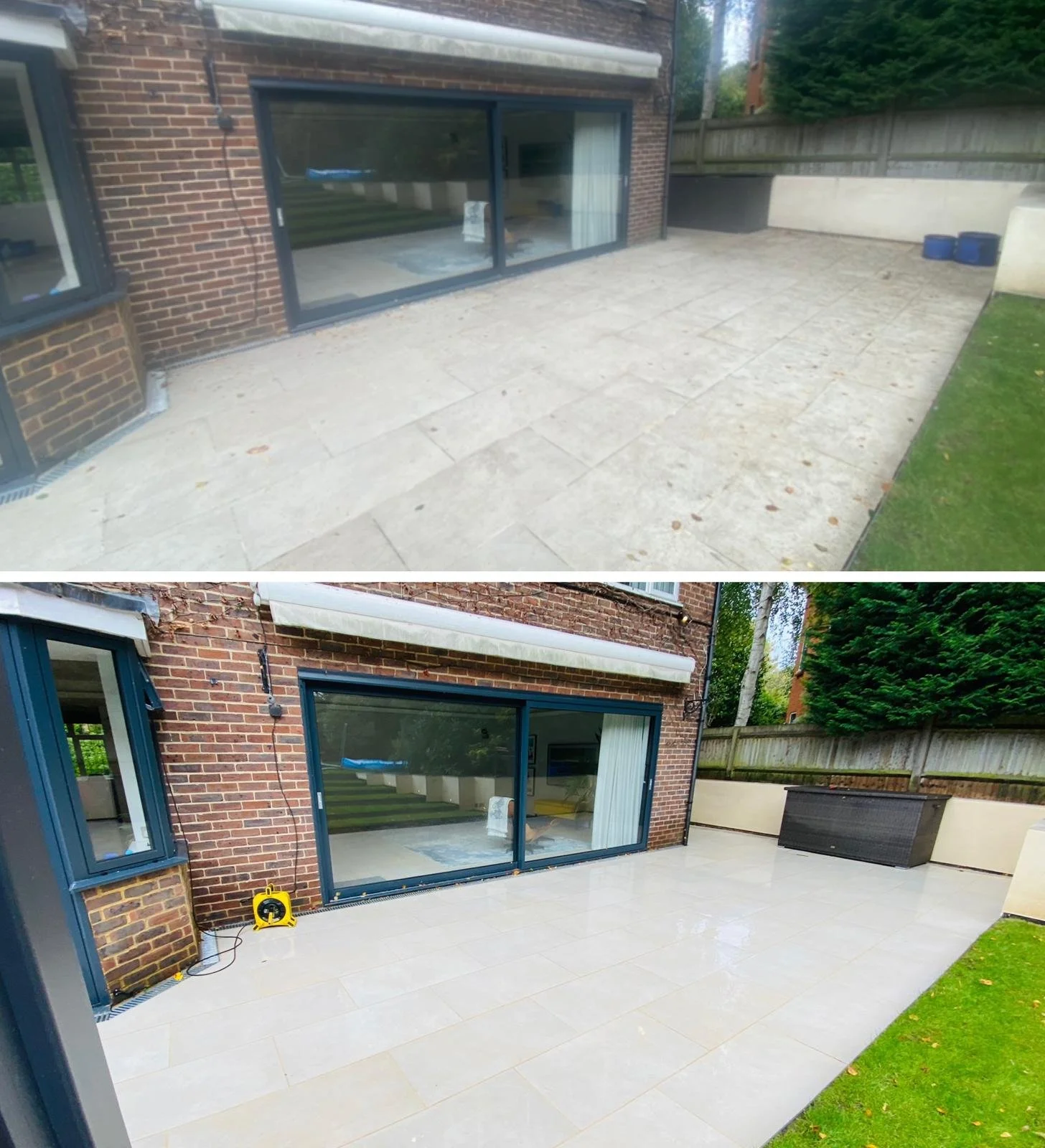 Comparison of a patio before and after cleaning. The top image shows a dirty, unwashed stone patio, while the bottom image shows the same patio after cleaning, with a shiny, wet surface.