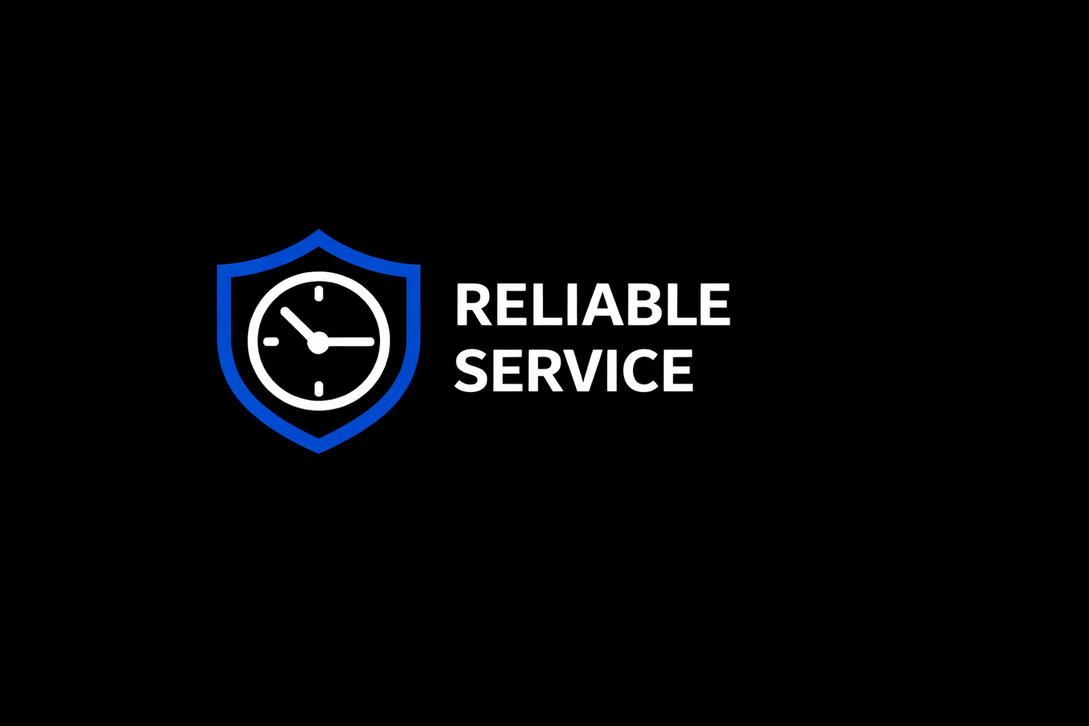 Logo with a clock inside a shield and the words Reliable Service on a black background.