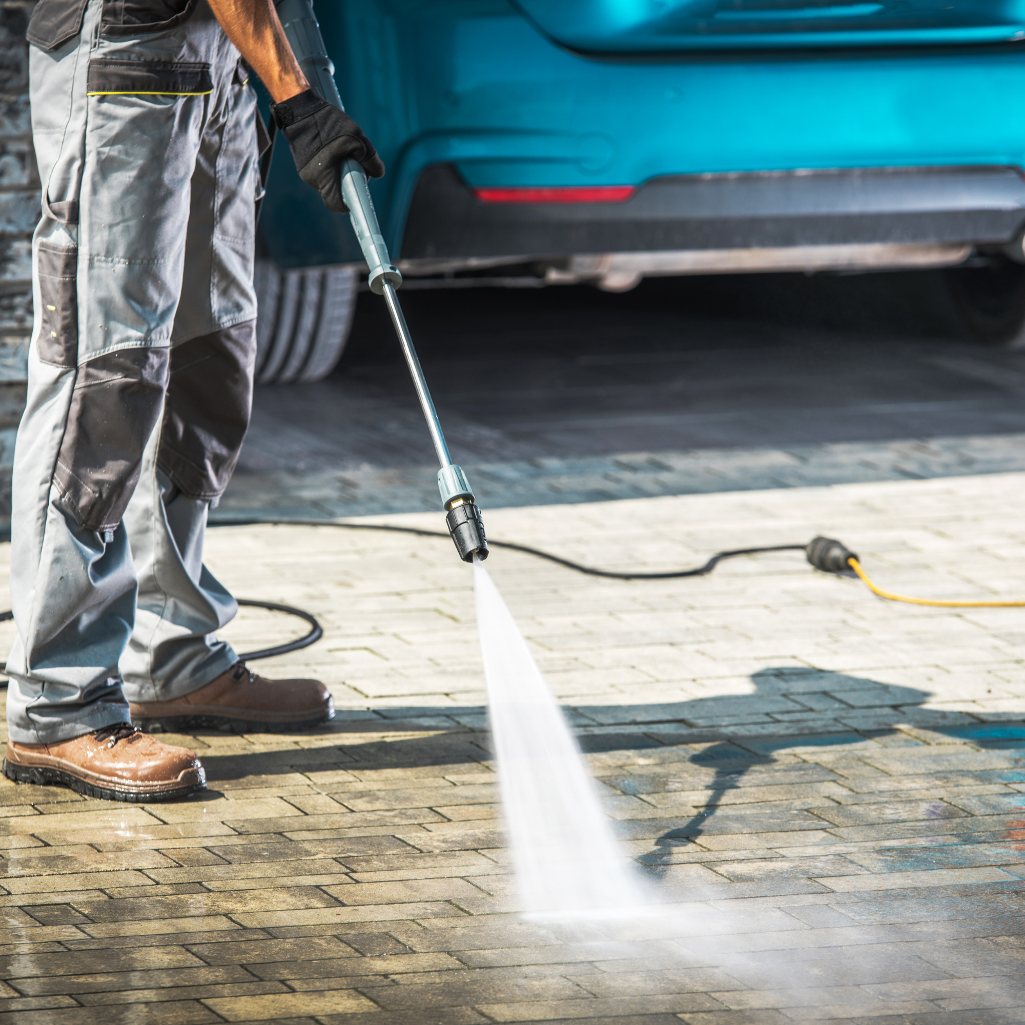 A person wearing work gloves and brown boots is pressure washing a brick patio next to a blue vehicle. The person is holding a pressure washer wand pointed at the ground, with a cleaning stream visible. The scene appears to be outdoors during daylight.