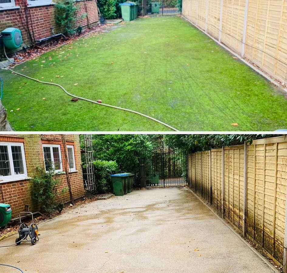 Comparison of a backyard before and after cleaning. The top image shows a lawn with green grass and some garden tools, while the bottom image shows the same area cleared of grass, with a clean, paved surface and a gate at the back.
