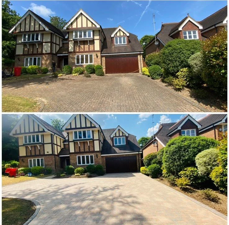 Before and after images of a house's driveway renovation, showing a change from a darker, cracked surface to a clean, newly paved driveway with brick pavers.