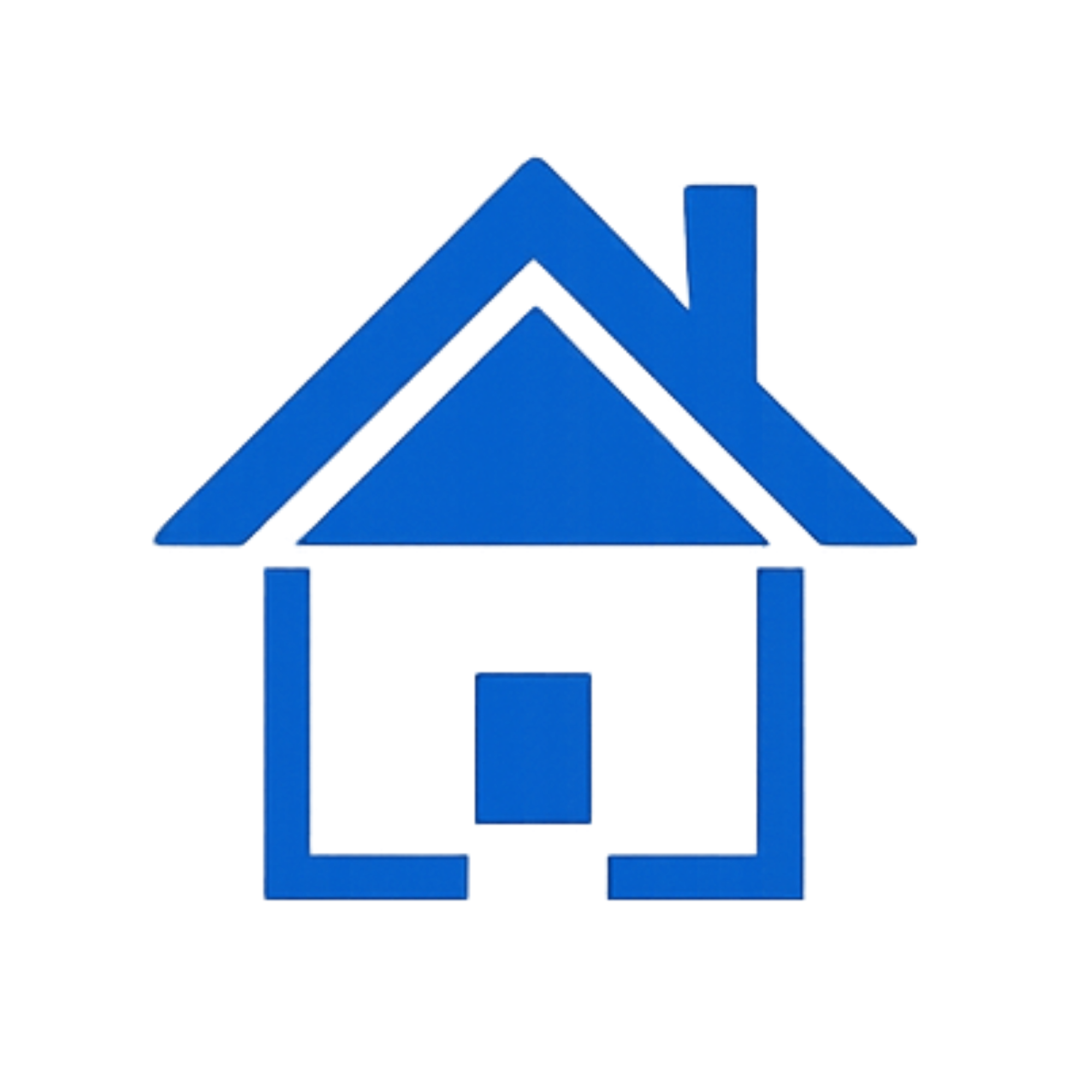 Blue stylized house icon with a roof, chimney, and foundation, set against a black background.