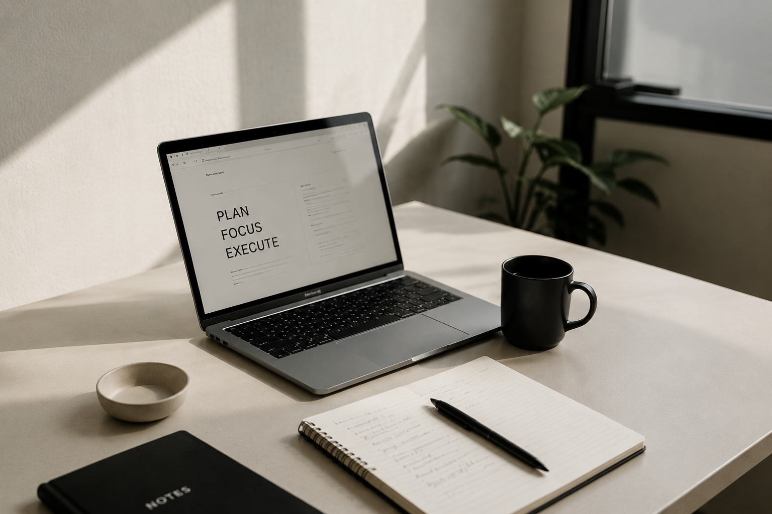 A workspace with a laptop displaying the words "PLAN FOCUS EXECUTE," a black mug, an open notebook with a pen, a black notebook labeled "NOTES," and a small bowl on a white desk near a window with sunlight and a plant in the background.