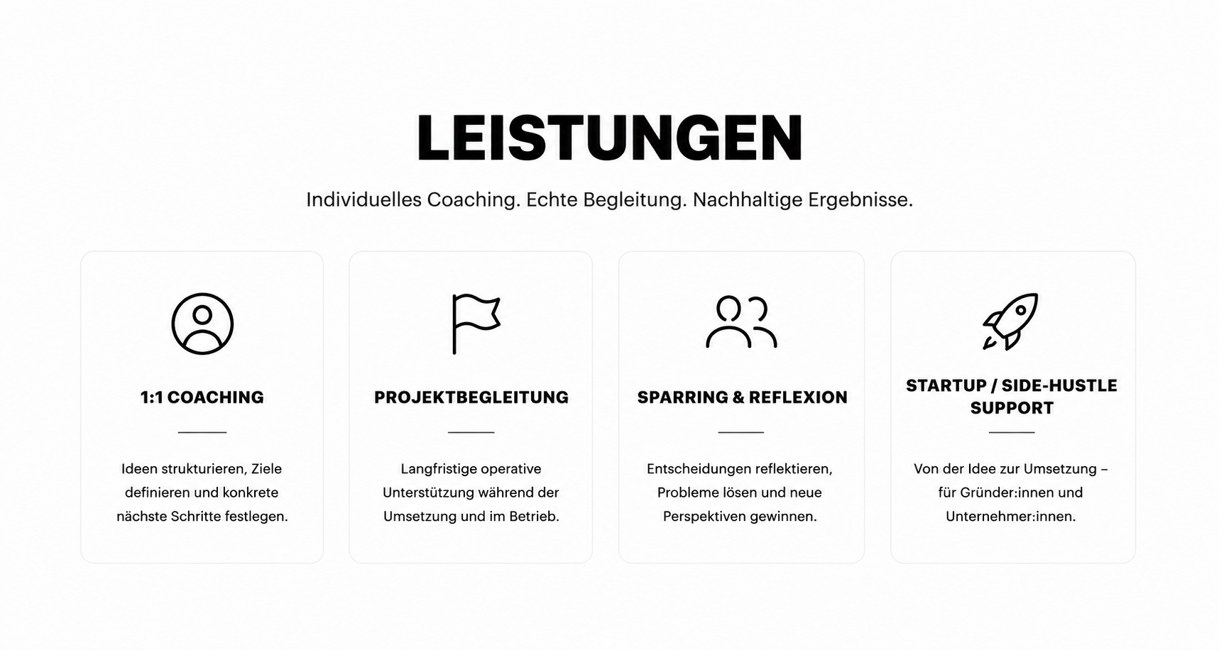 A web page displaying four services with icons and descriptions in German. The services are 1:1 coaching, project support, sparring & reflection, and startup/side-hustle support.