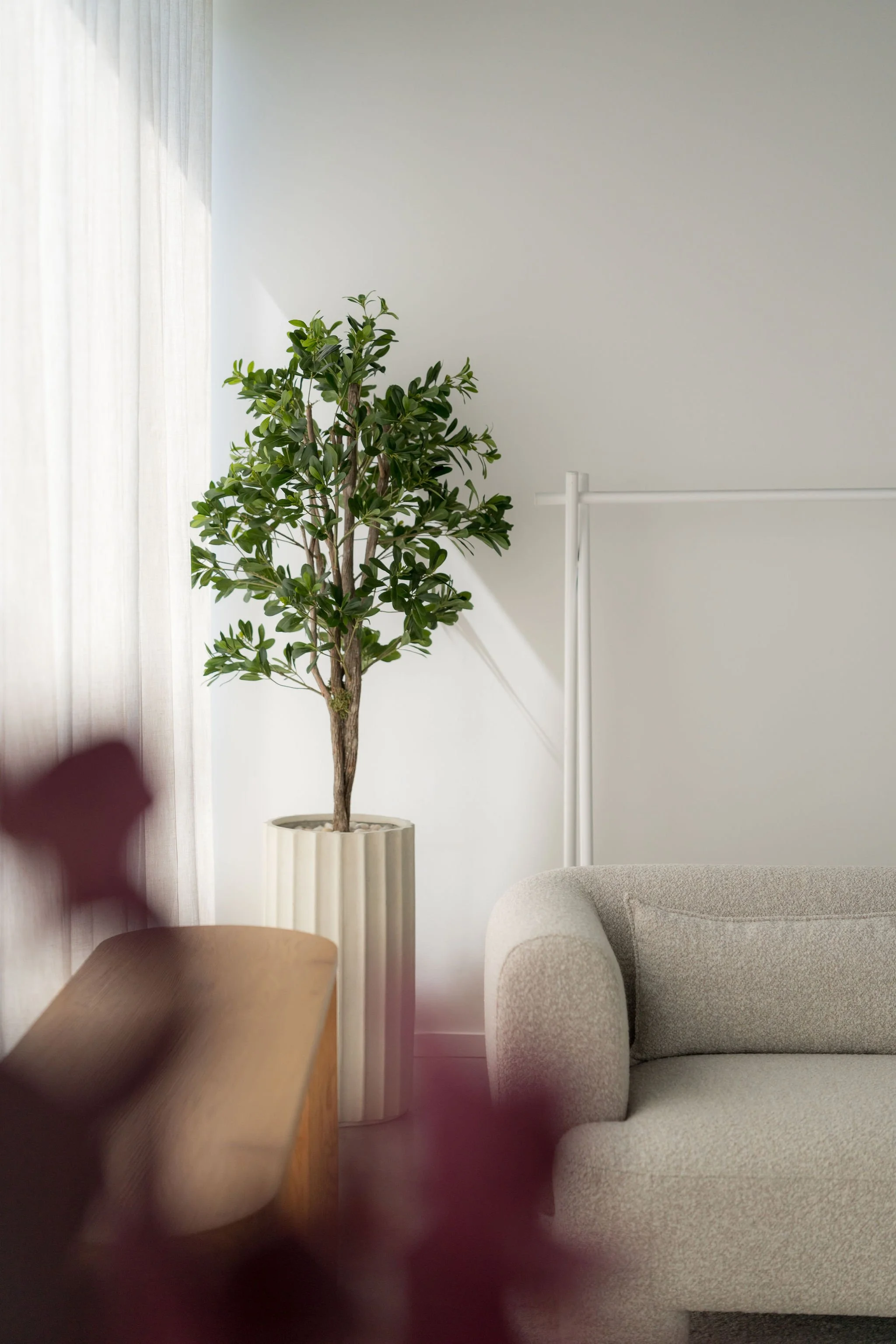 Intérieur d'un salon minimaliste avec un canapé beige, une plante verte dans un pot beige, une cheminée blanche et une table en bois.