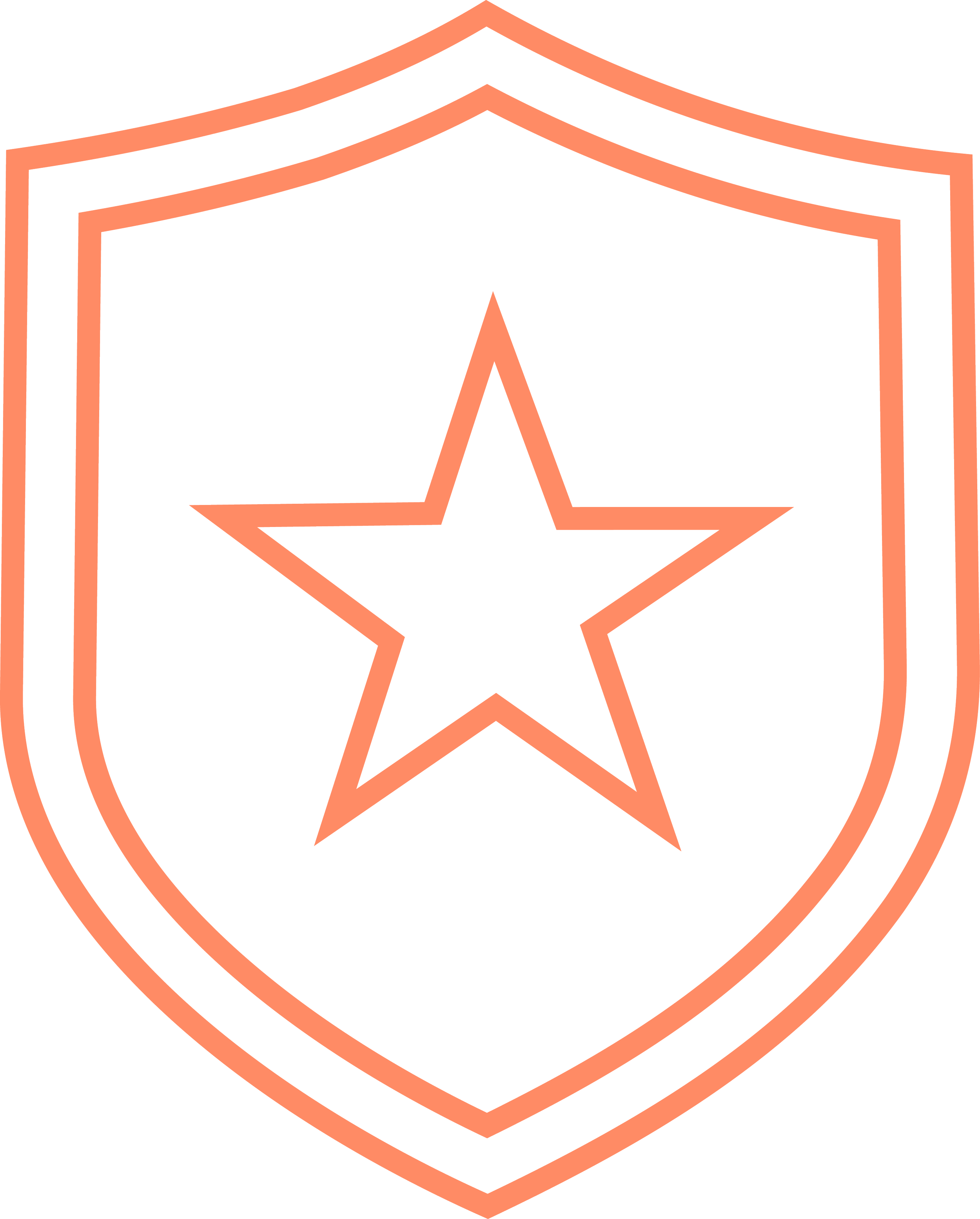 Simple logo featuring a black star outlined in orange, inside a shield shape outlined in orange.