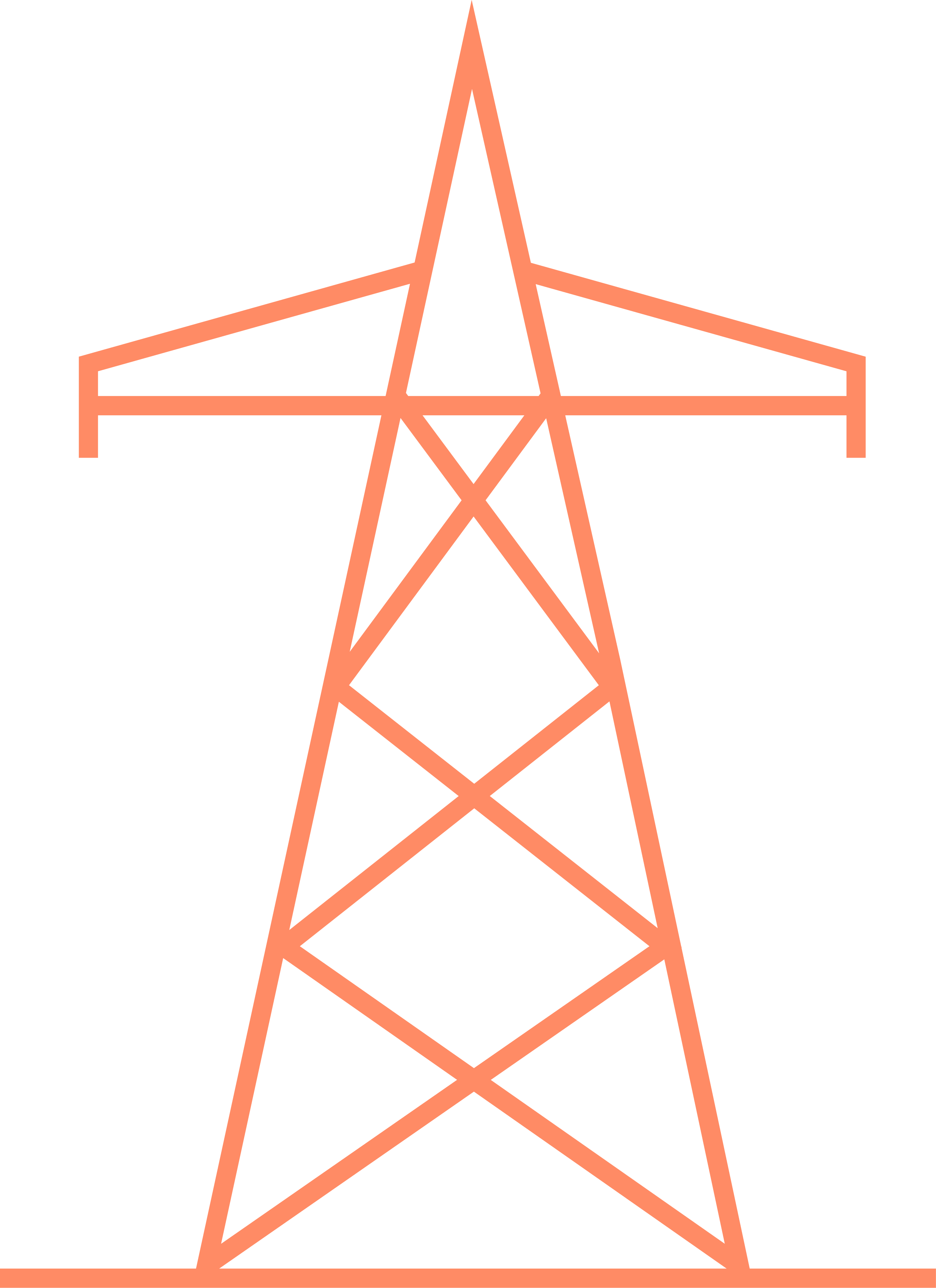 Illustration of a power line tower with a triangular base, painted in a light orange color, set against a black background.