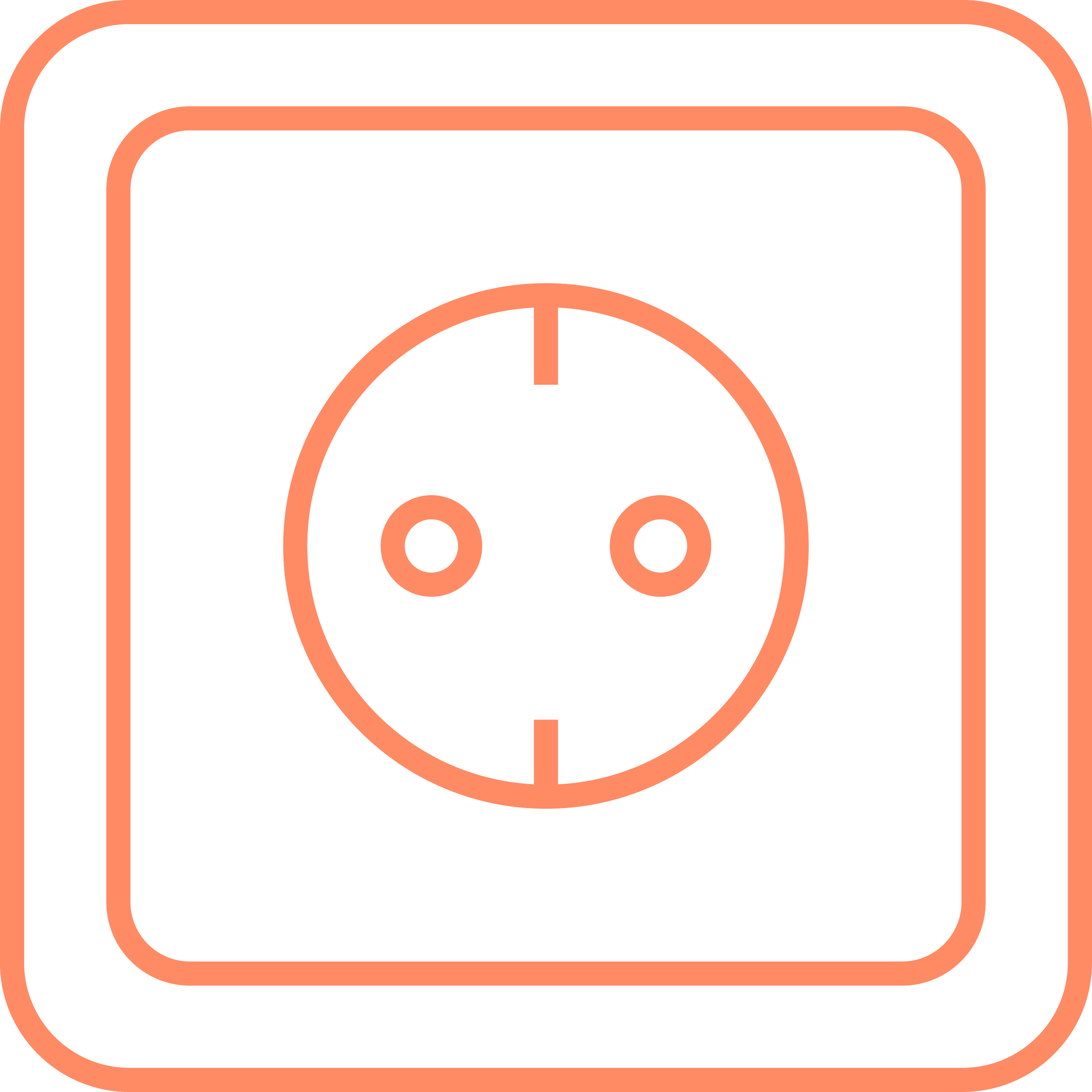 Outline of an electrical outlet on a square background with rounded corners, in orange color.