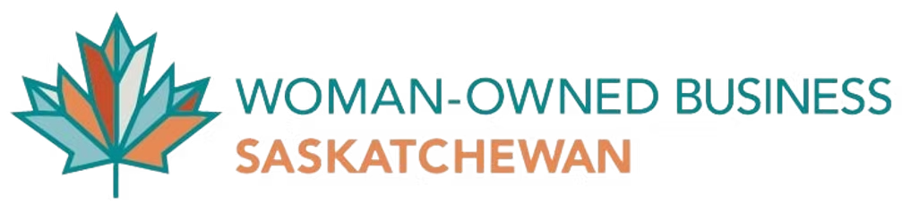 Logo featuring a stylized maple leaf with teal, orange, and white colors, along with the text "Woman-Owned Business Saskatchewan".