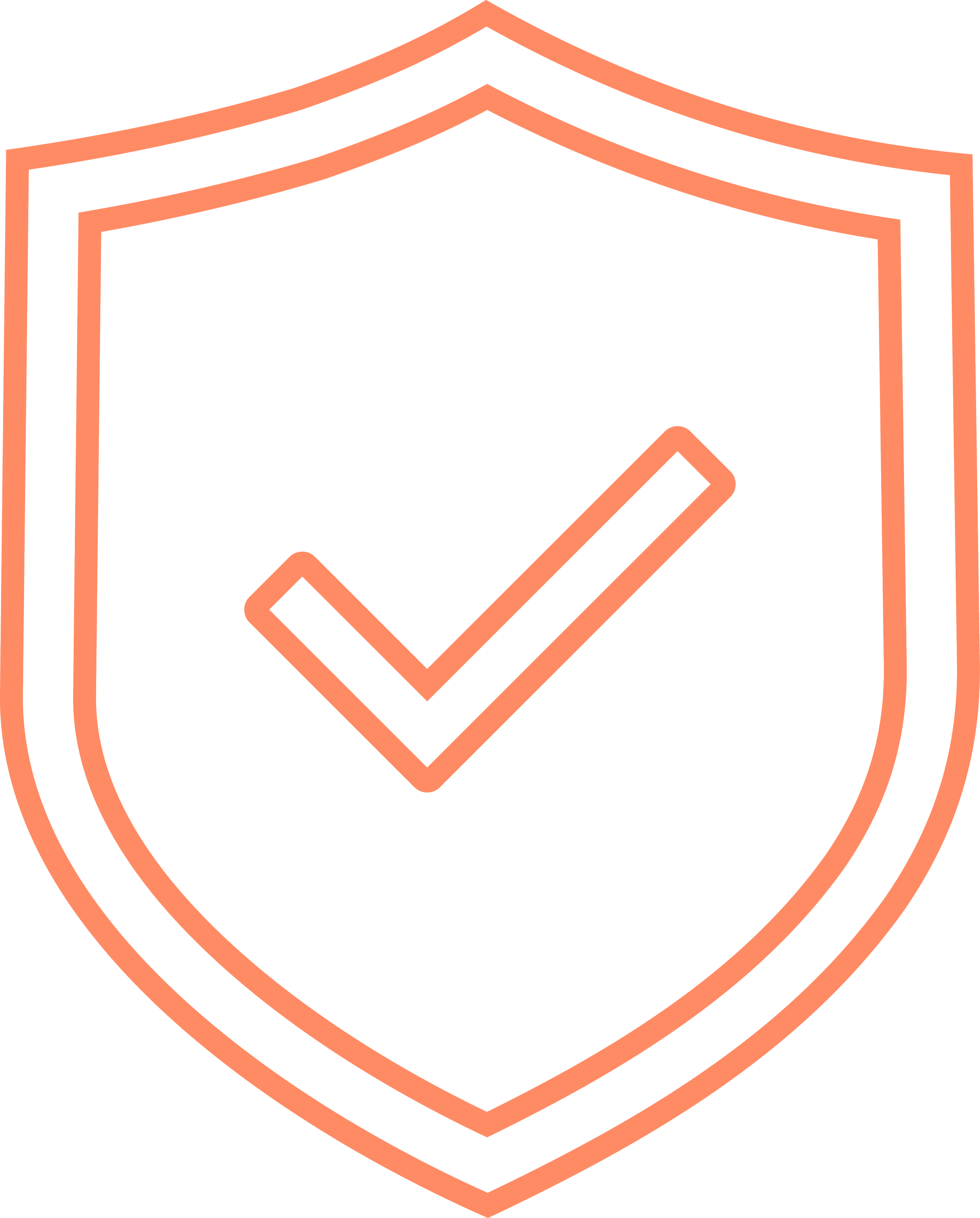 Outline of a badge with a shield symbol and a pencil at the bottom, using orange lines.