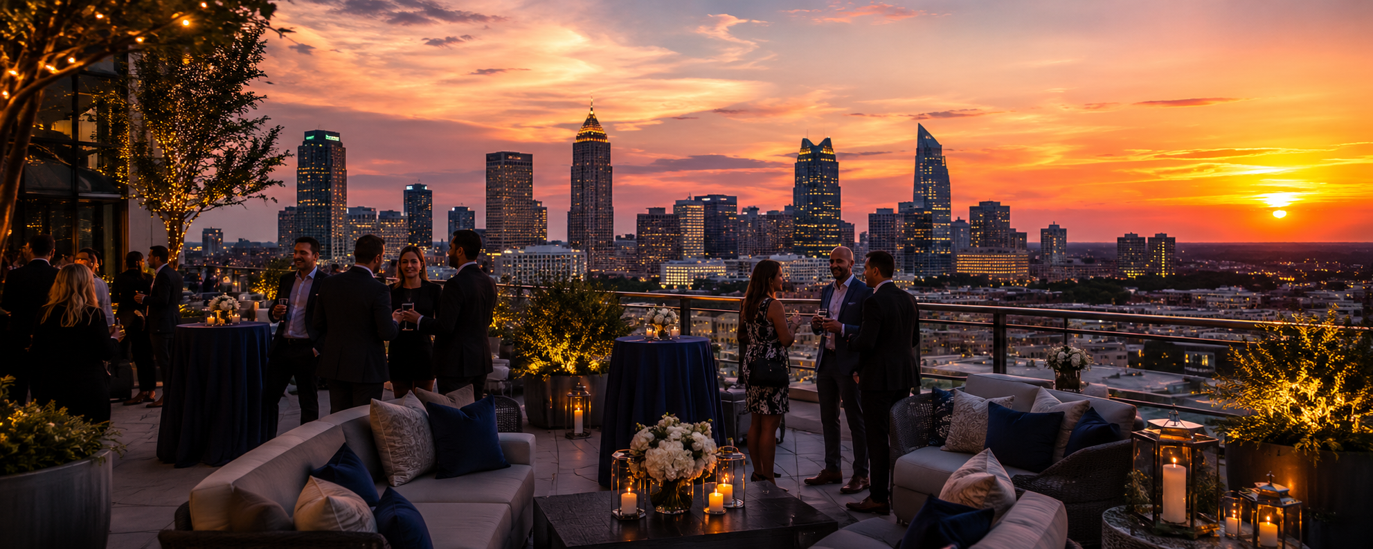 People socializing at an outdoor rooftop party during sunset in a city skyline, with tall buildings and decorative lighting.