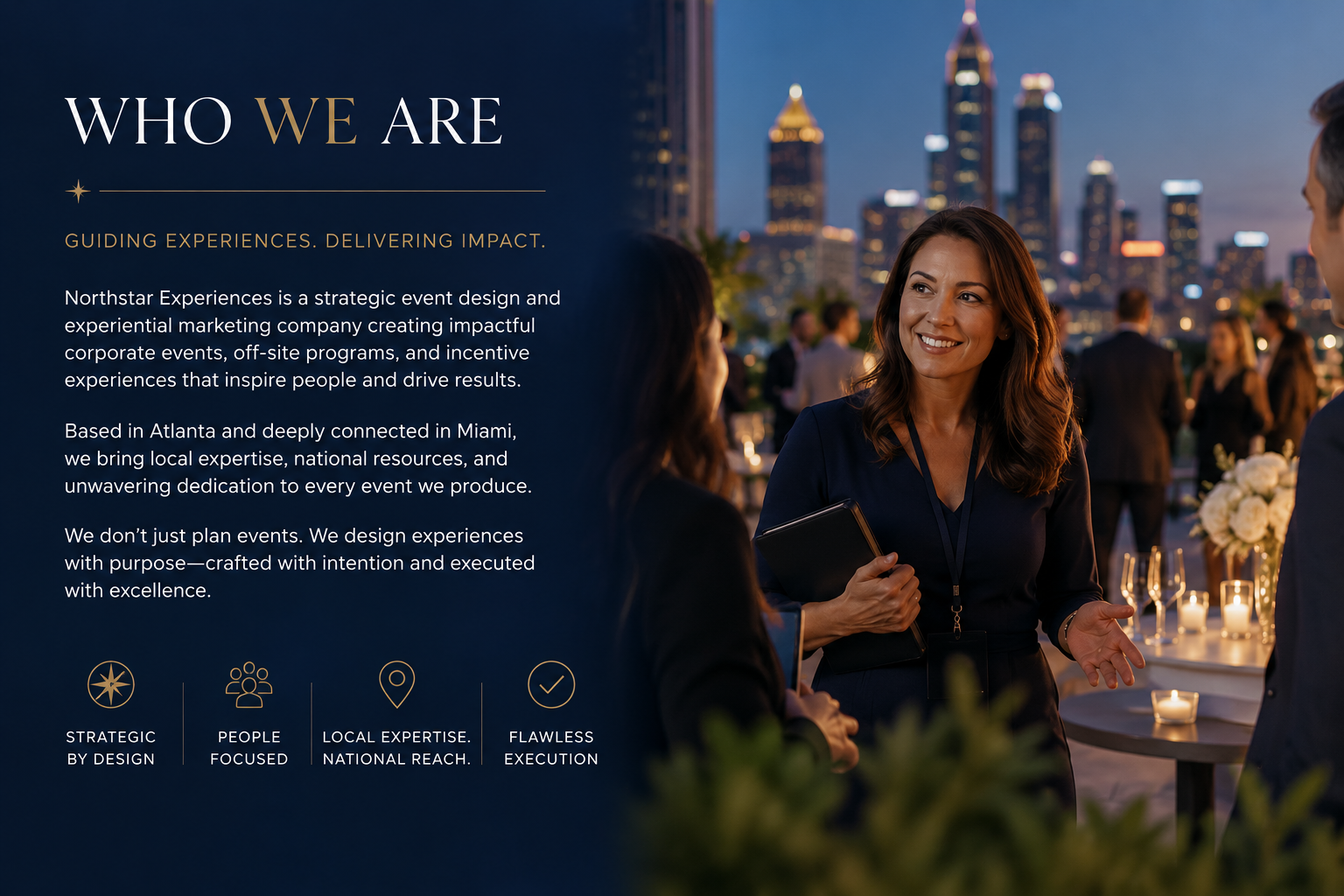 A promotional webpage for Northstar Experiences, highlighting their expertise in event design and marketing, featuring a woman in a navy blazer smiling and talking to others at an outdoor evening event with city skyline in the background.