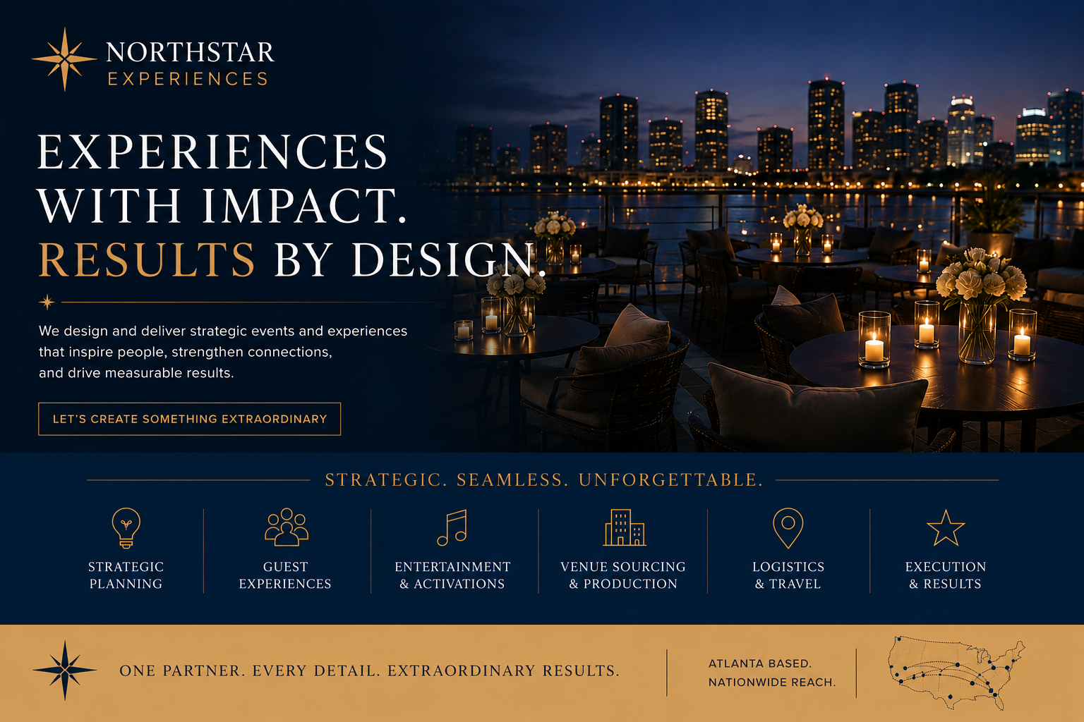 A promotional webpage for Northstar Experiences featuring a nighttime outdoor event space by a river, with tables adorned with candles and flowers, and a city skyline in the background.