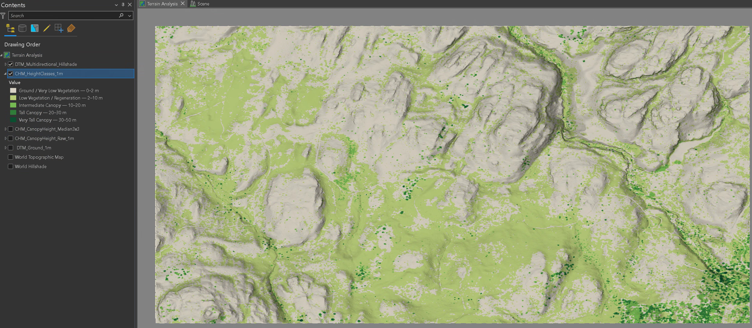 LiDAR-derived canopy-height classes showing ground and very low vegetation, regeneration, intermediate canopy, tall canopy, and very tall canopy across the Myra-Bellevue study area.