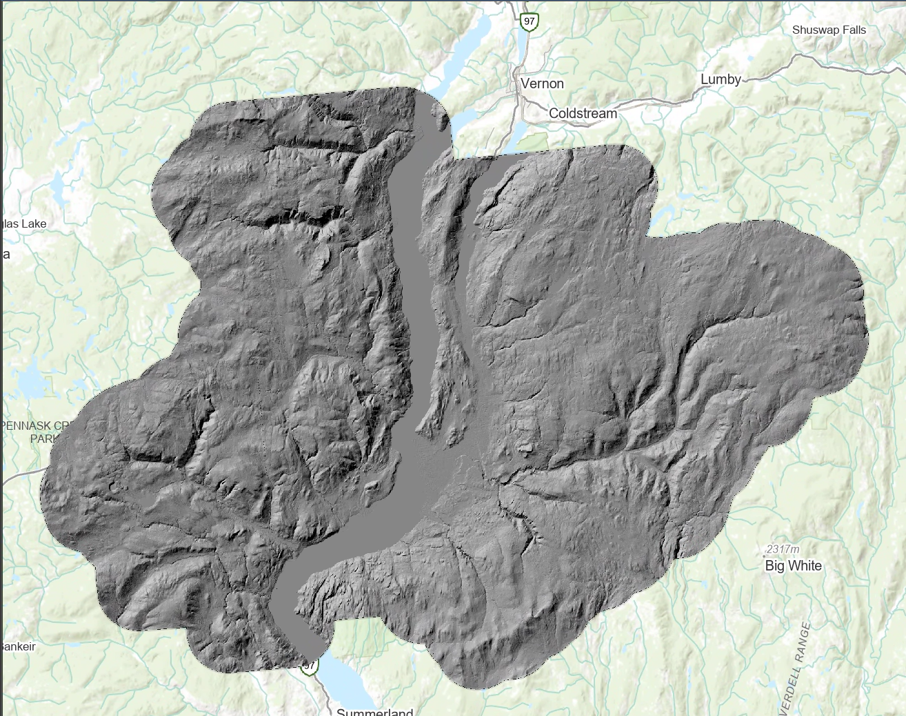 Processed 30 m elevation model and hillshade surface used as the terrain foundation for deriving slope, aspect, elevation, and landscape suitability criteria.