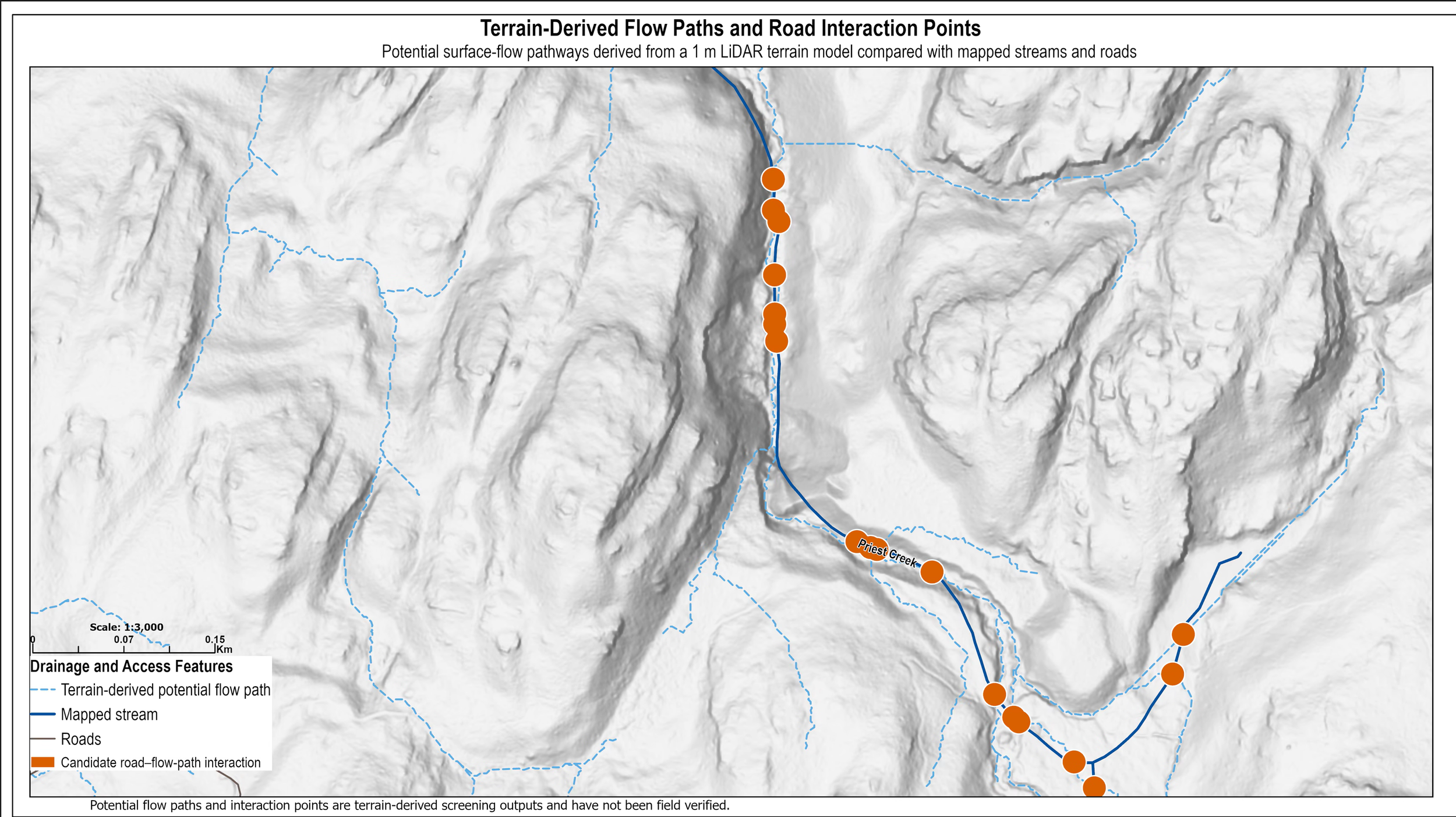 LiDAR-derived potential surface-flow pathways compared with mapped hydrography and roads to identify candidate road–drainage interaction locations.