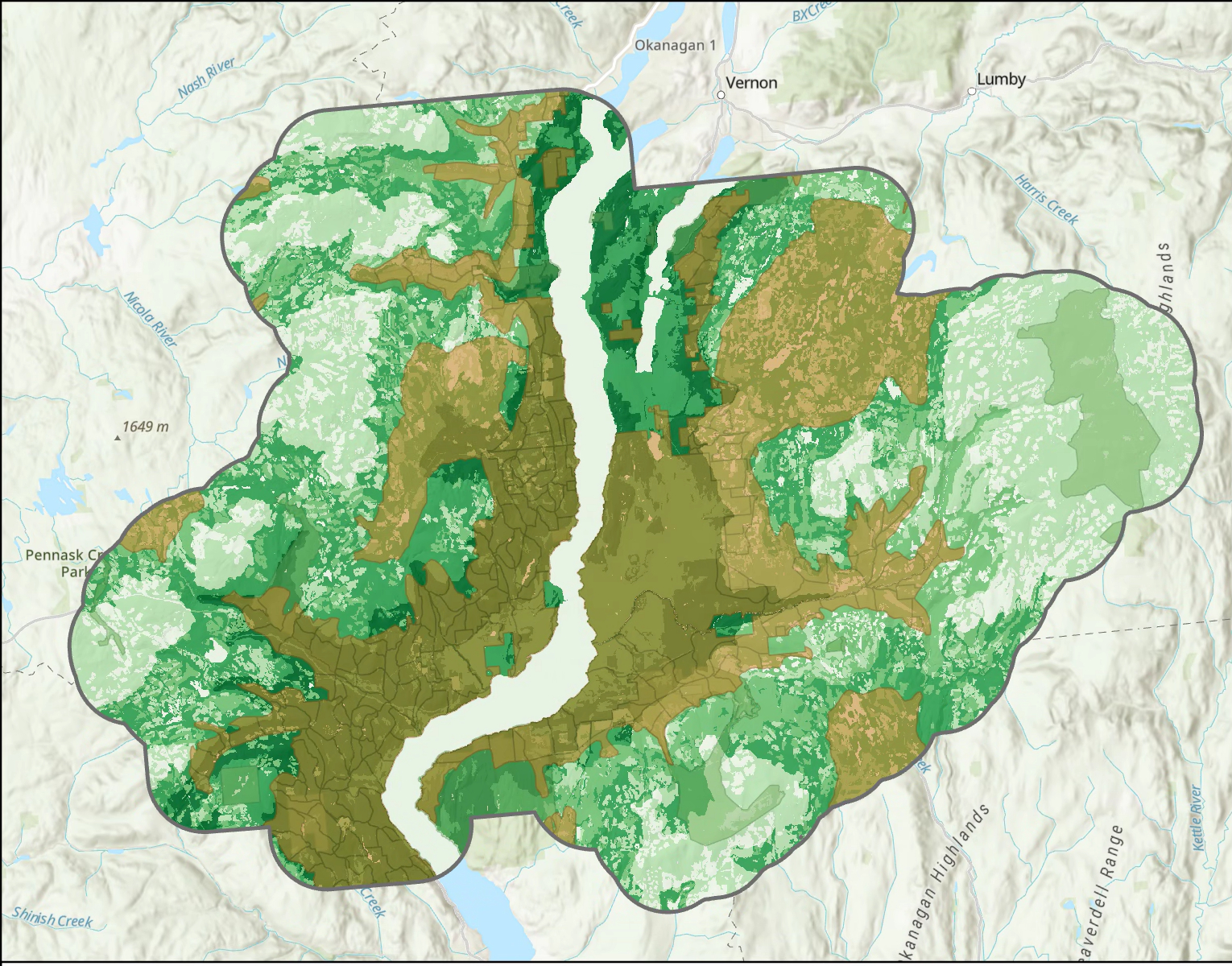 Ecological and forest-structure suitability score combining BEC and VRI inputs to represent broad habitat-supporting landscape conditions across the study area.