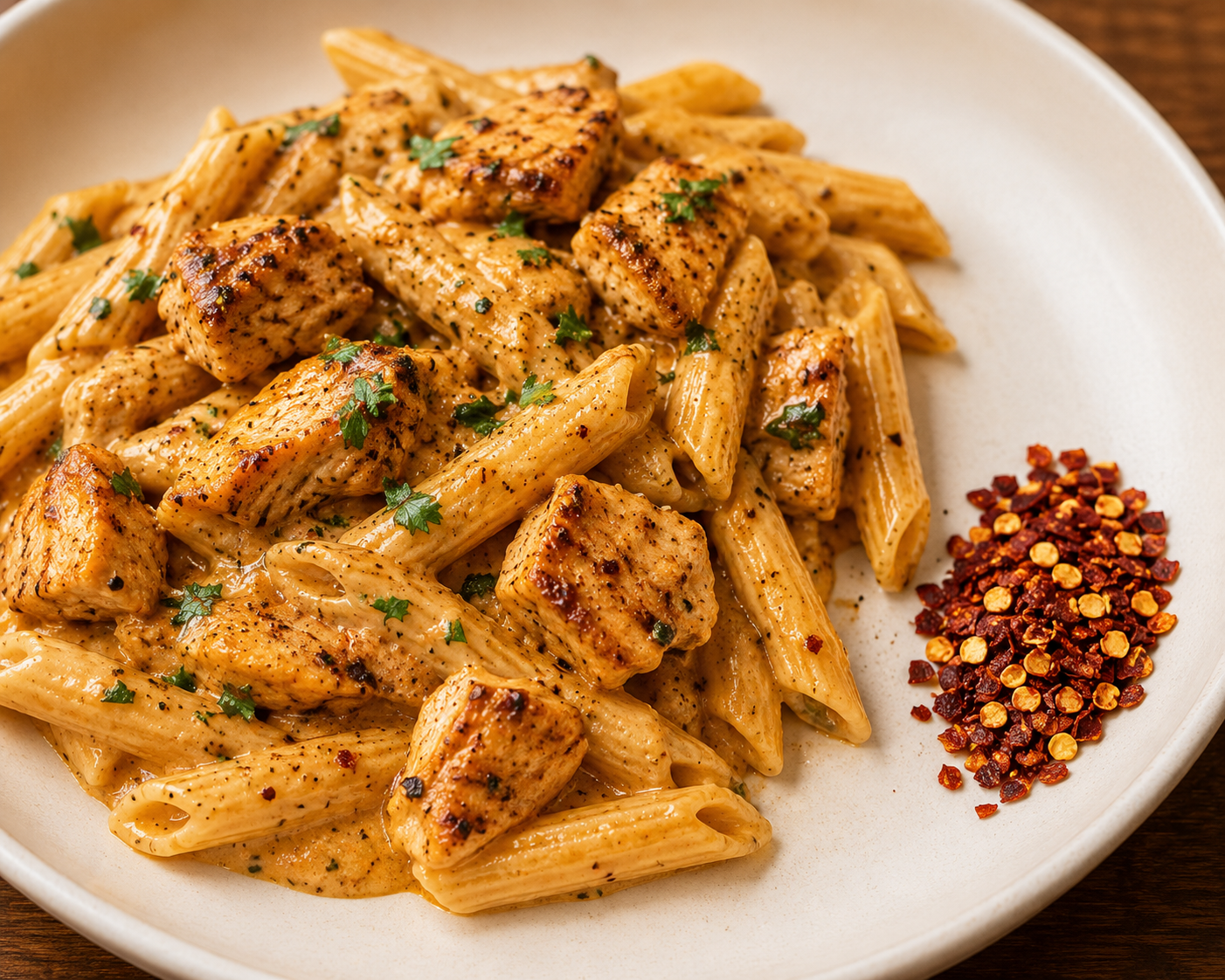 Plate of penne pasta with grilled chicken in creamy sauce, garnished with chopped parsley, and a side of red pepper flakes.