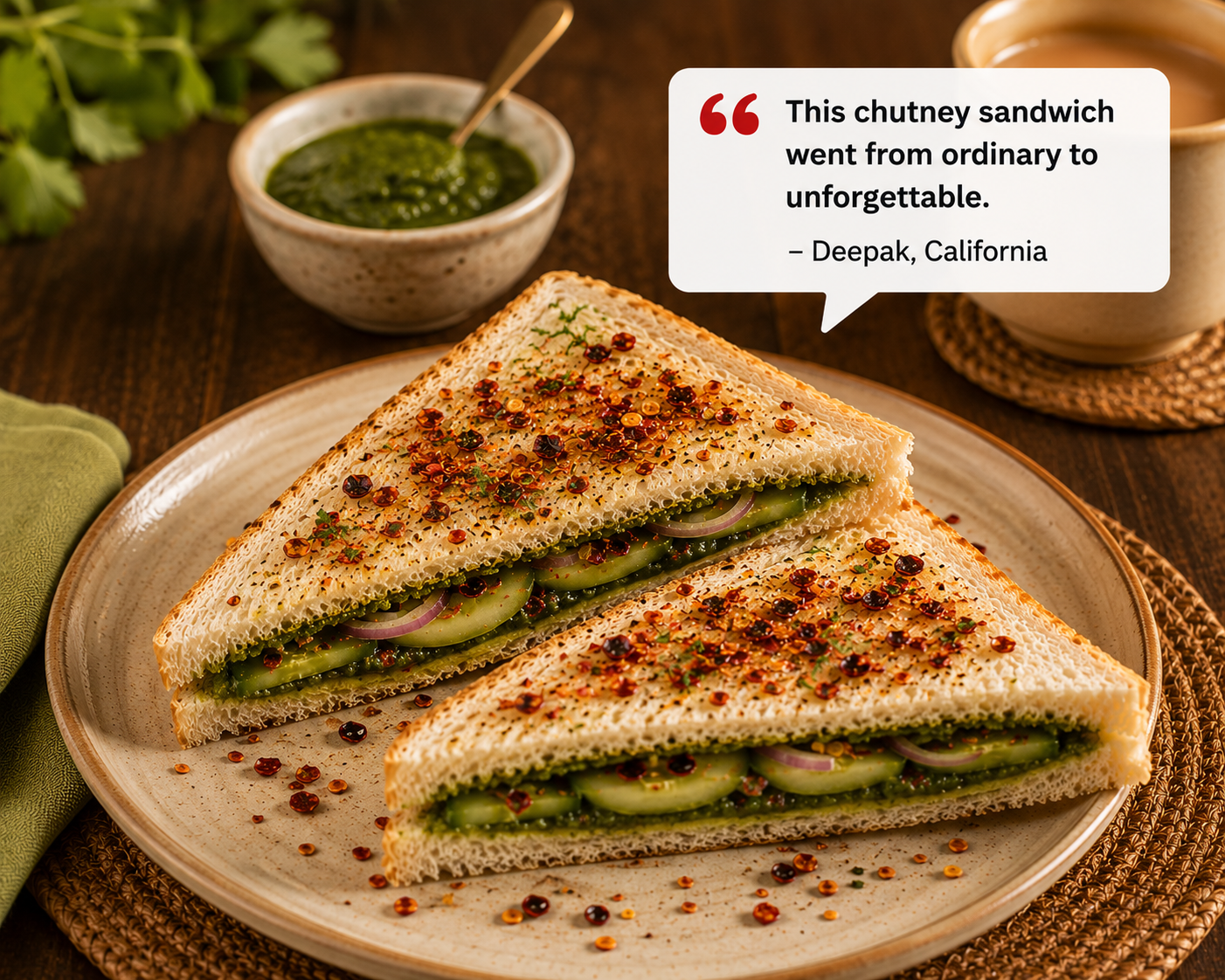 Slices of cucumber sandwich with red chili flakes, served on a beige ceramic plate, with chutney in a bowl and a cup of tea in the background.