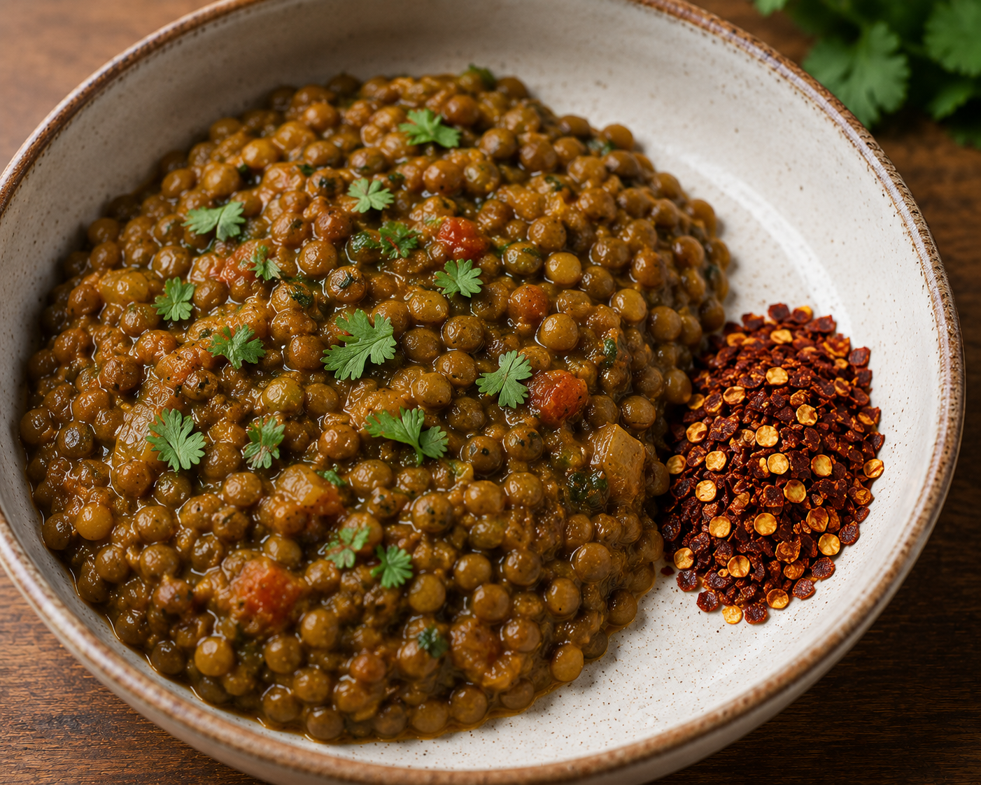 A bowl of cooked lentils garnished with fresh cilantro, served with crushed red chili flakes. The bowl is placed on a wooden surface.