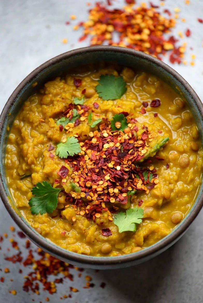A bowl of yellow lentil soup garnished with fresh cilantro leaves and red chili flakes, with a scattered pile of chili flakes in the background.