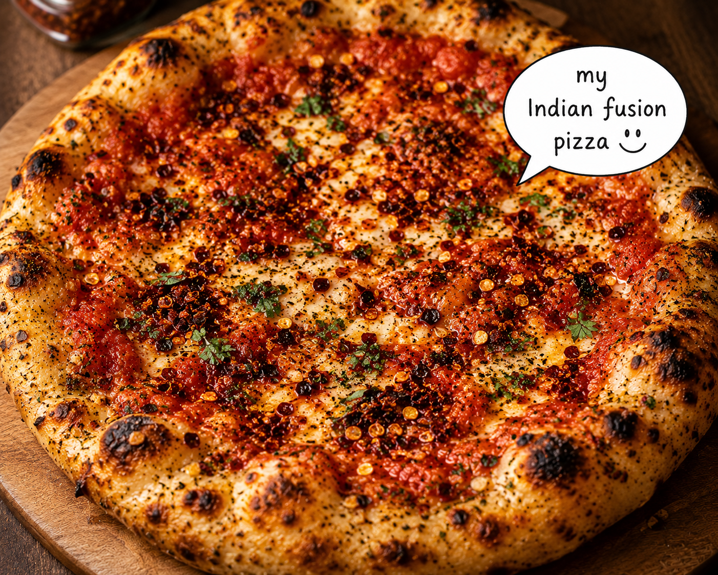 A pizza with Indian fusion toppings, including tomato sauce, cheese, herbs, and various spices, with a speech bubble saying "my Indian fusion pizza" and a smiley face.