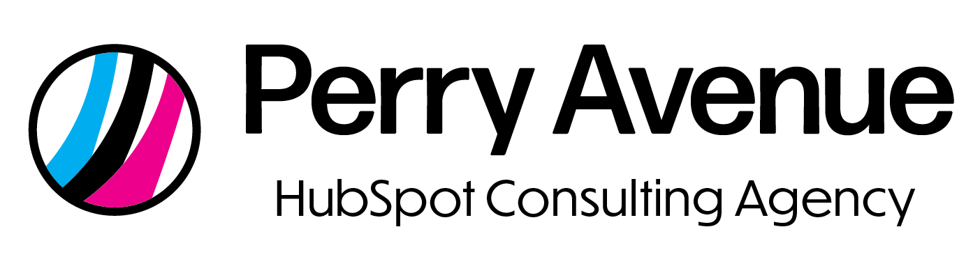 Logo with stylized blue and pink curved lines and black text reading 'Perry Avenue HubSpot Consulting Agency"