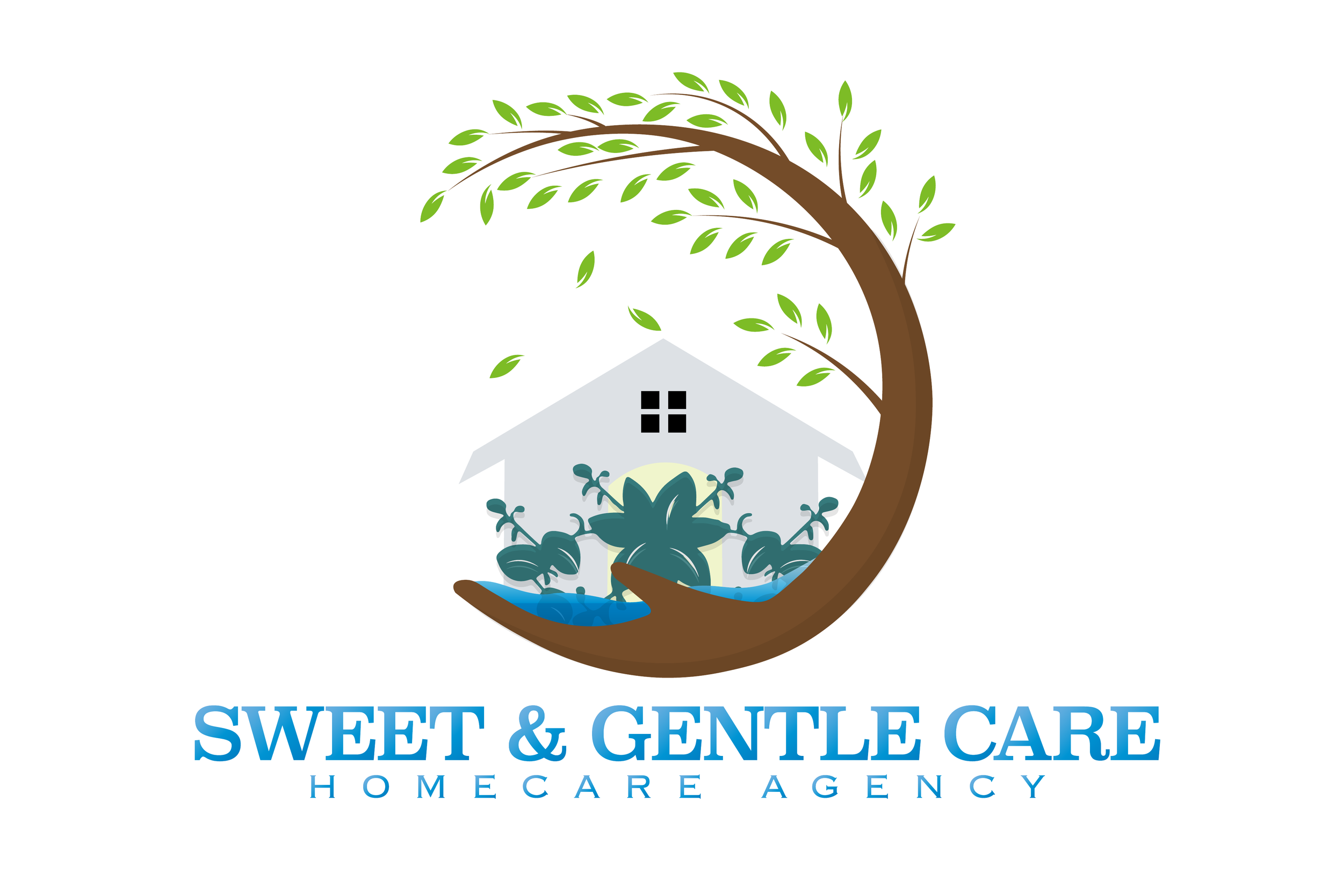 Logo for Sweet & Gentle Care Home Care Agency featuring a brown tree with green leaves and a white house behind it, with blue water at the bottom.