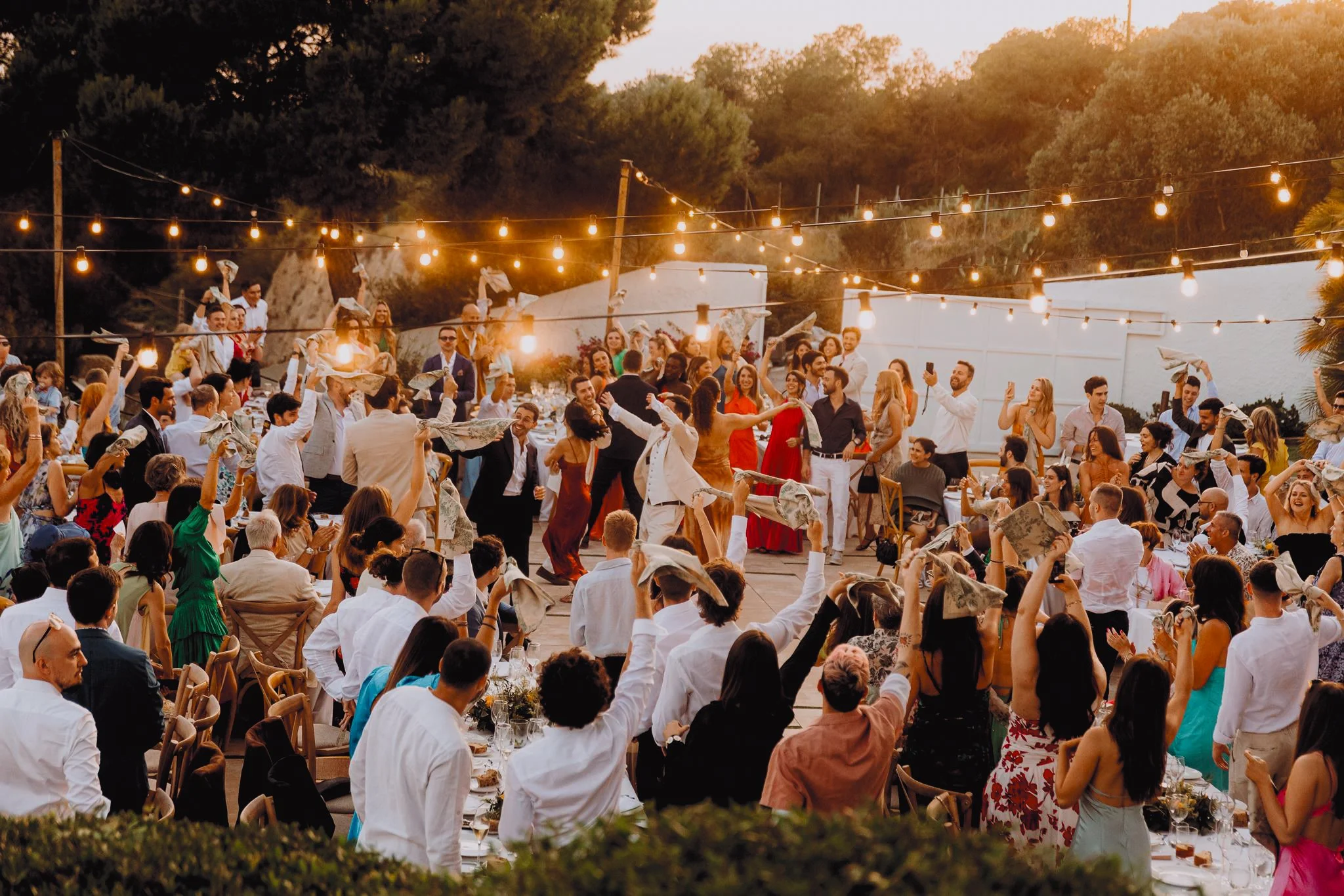 garland lights in the courtyard for a destination wedding at Casa Del Mar