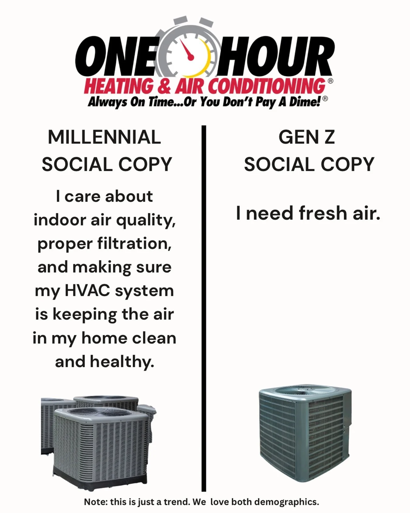 We had to jump on this trend! Millennial vs. Gen Z, which explanation do you prefer?

All jokes aside, we value every generation we work with.

At One Hour Heating &amp; Air Conditioning of Mission Viejo, we believe in keeping things simple, clear, a