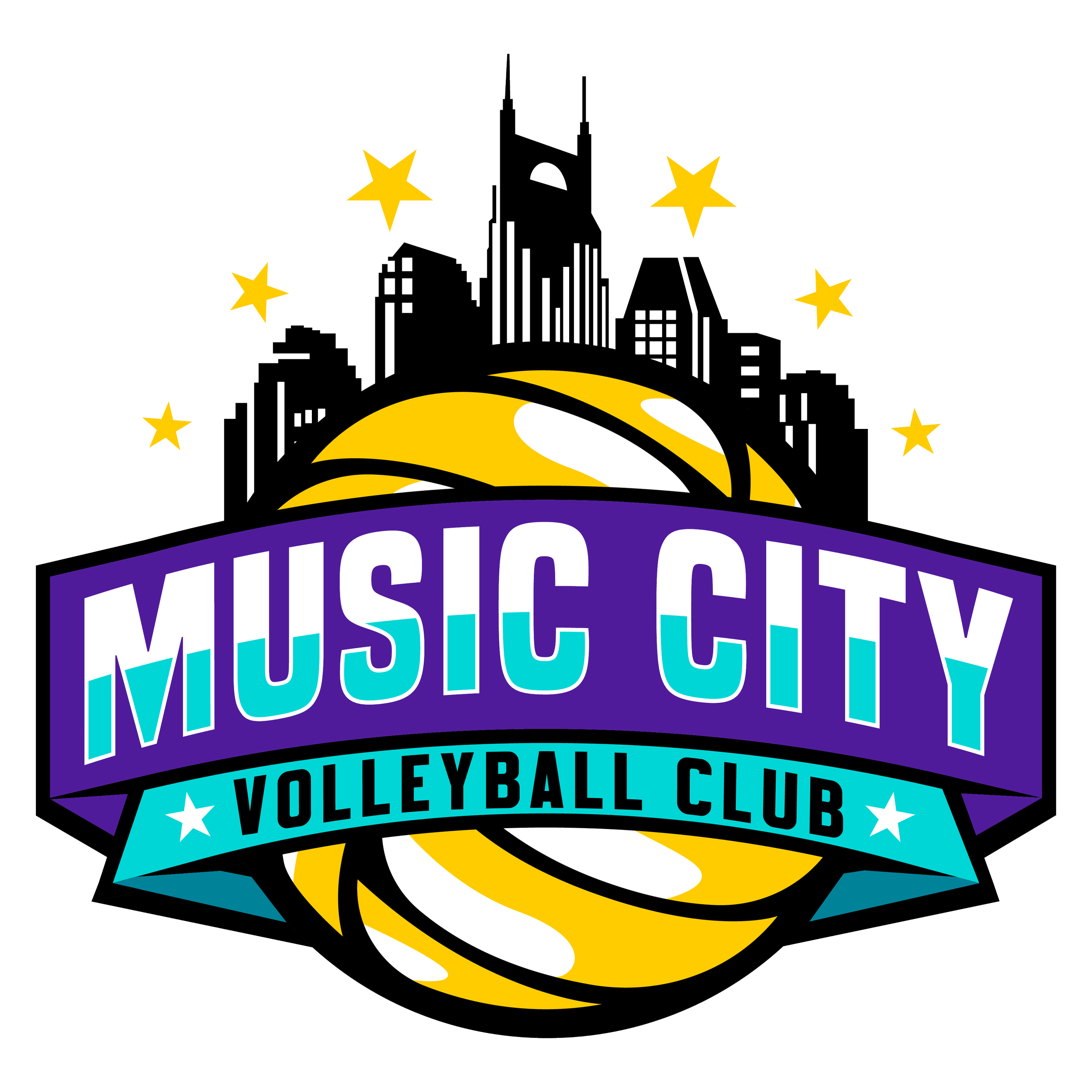 Logo for Music City Volleyball Club featuring a Nashville's city skyline with stars and a volleyball in bold, colorful text.