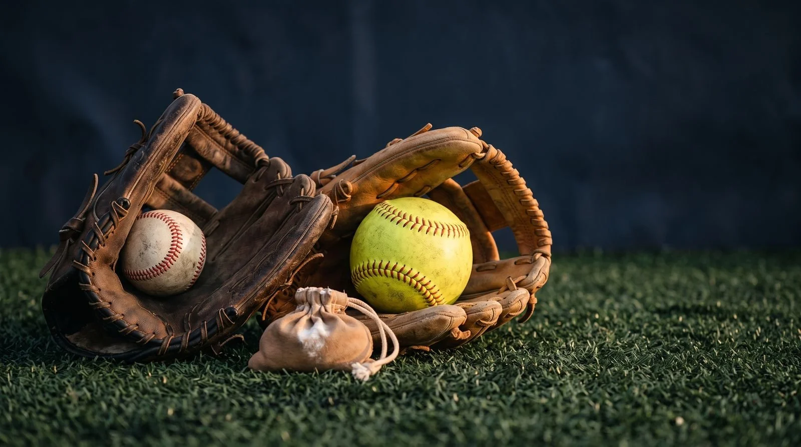 A worn baseball glove holding a baseball, with a yellow softball and a small drawstring bag on a grassy field, with a dark background.