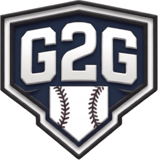 A sports emblem featuring the text G2G with a baseball illustration below.