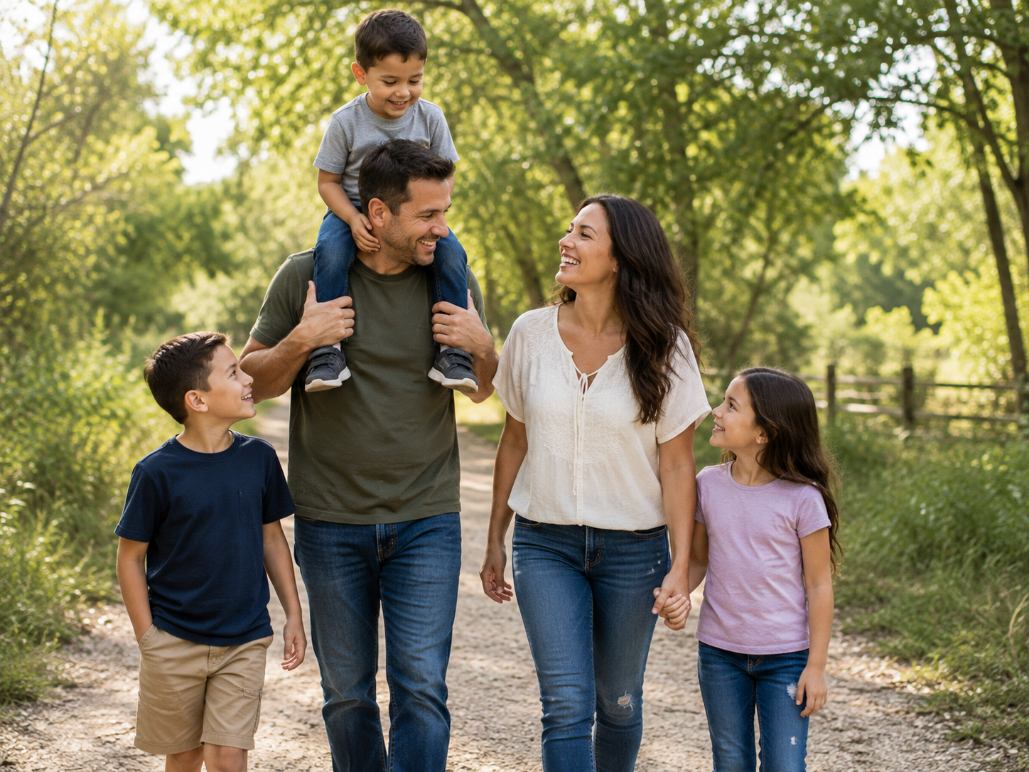 A family of five walking outdoors in a wooded area, with a man carrying a boy on his shoulders, holding hands, and smiling at each other.