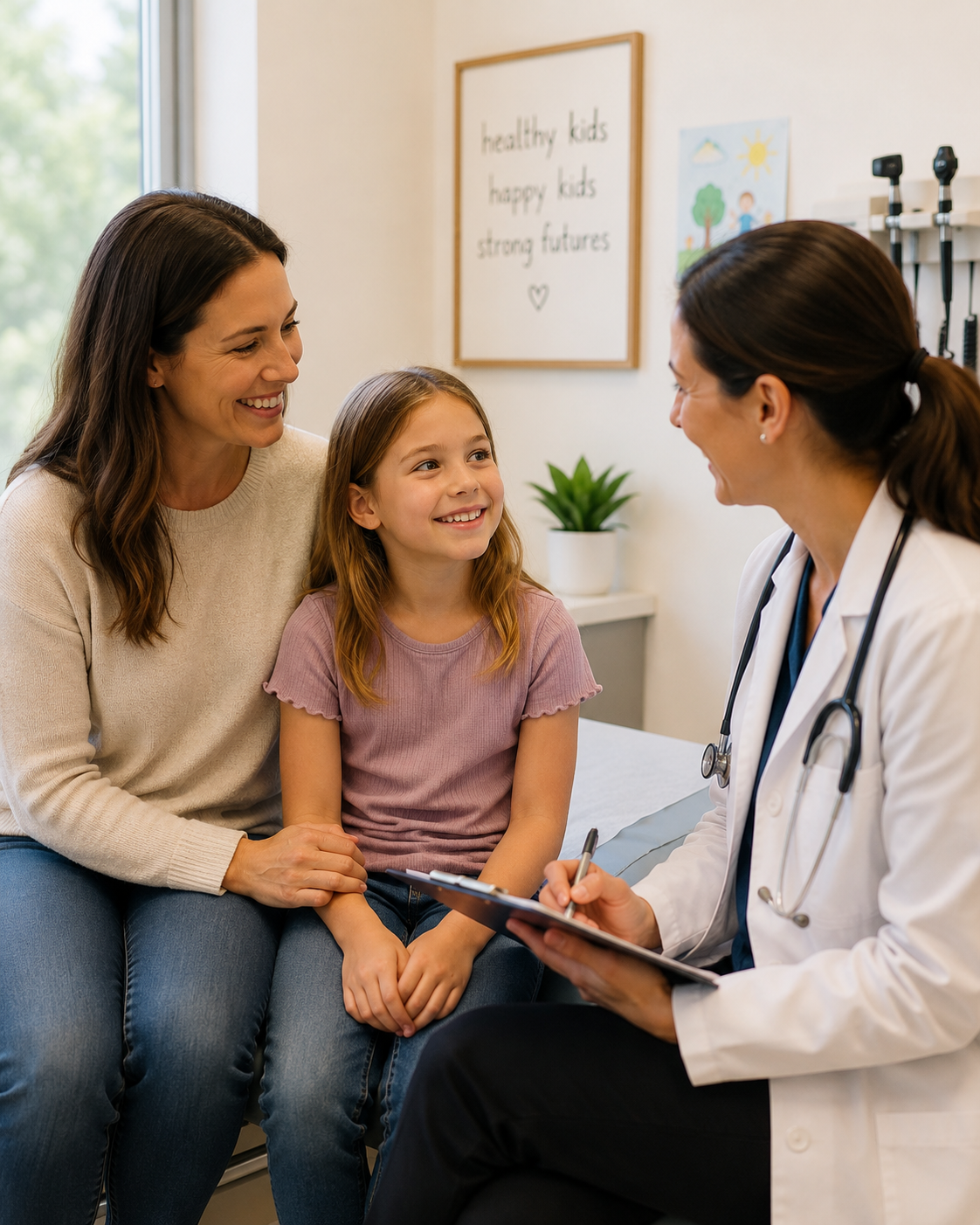 A child and parent meeting with a doctor to obtain a referral for pediatric occupational therapy.