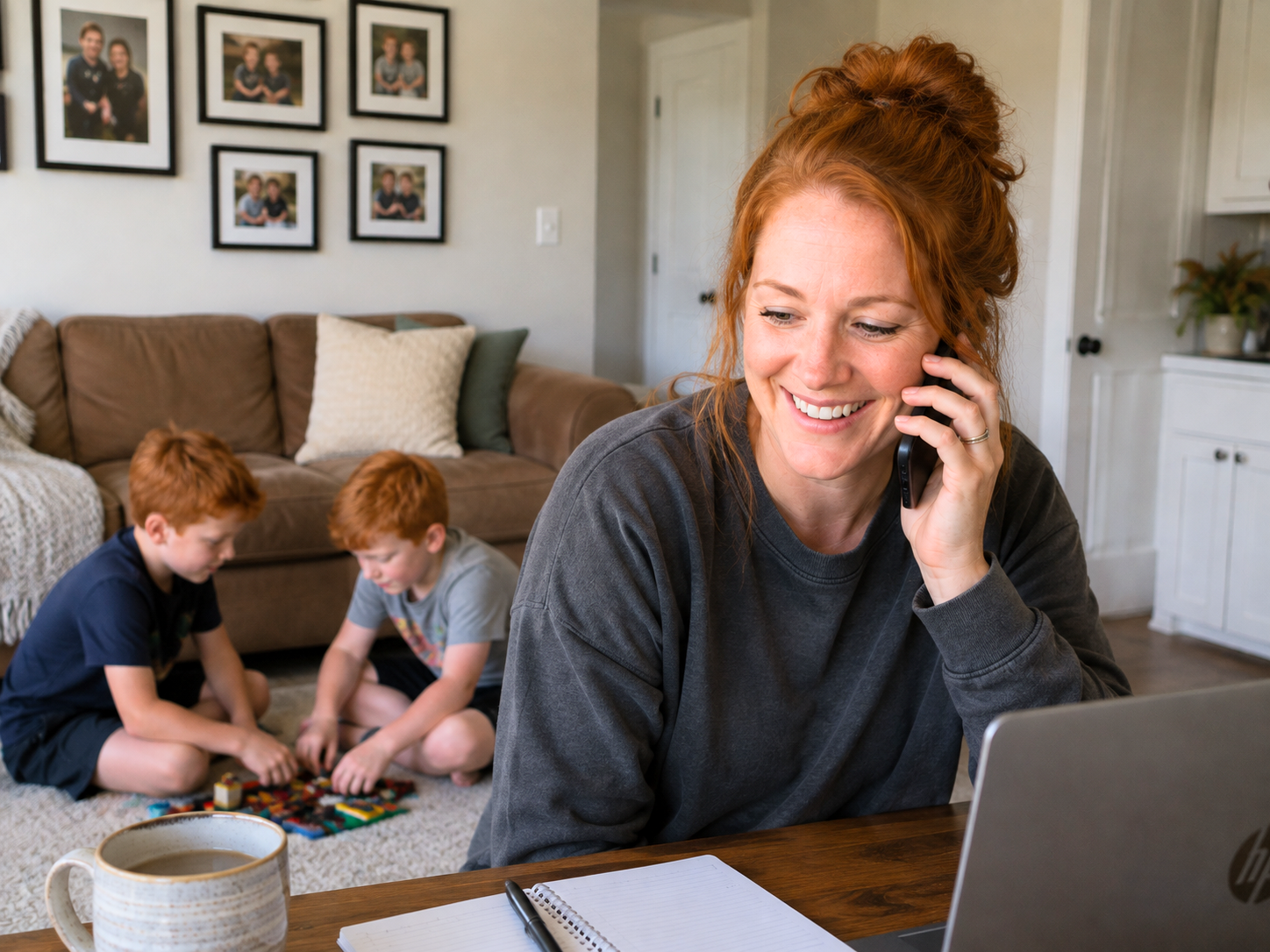 A parent on a virtual parent coaching call at home while her children play nearby, supported by Rooted Kids Therapy.