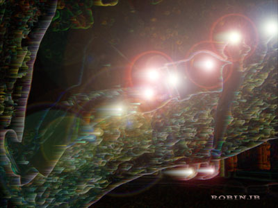 Abstract digital artwork featuring glowing light orbs, surreal rocky textures, and fluid cosmic gradients creating a dreamlike, atmospheric scene.
