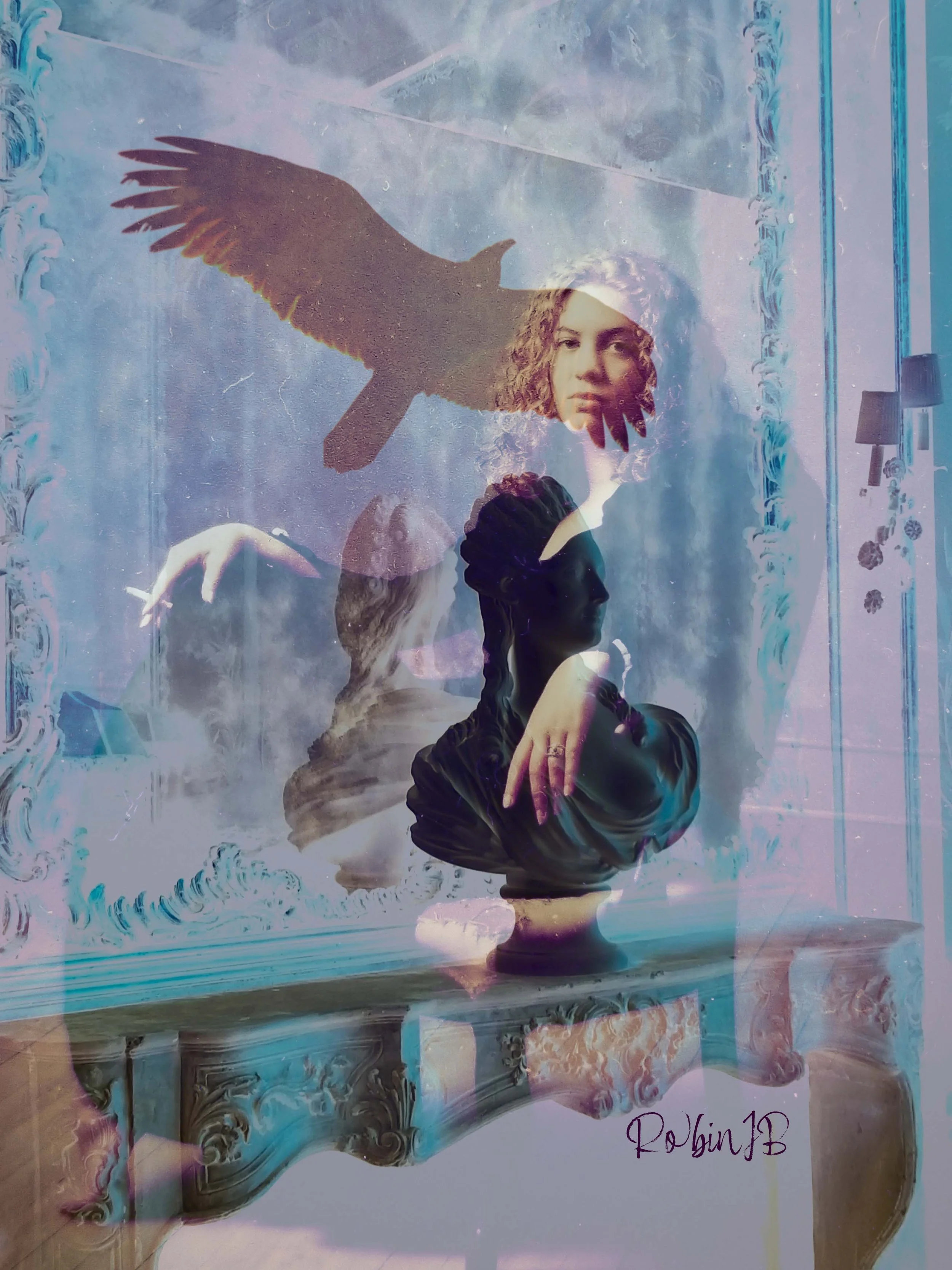 Mixed media artwork with a woman's profile and bird silhouette, signature Robin JB at bottom right, depicting a grayscale woman with curly hair against a background of swirling colors and patterns.