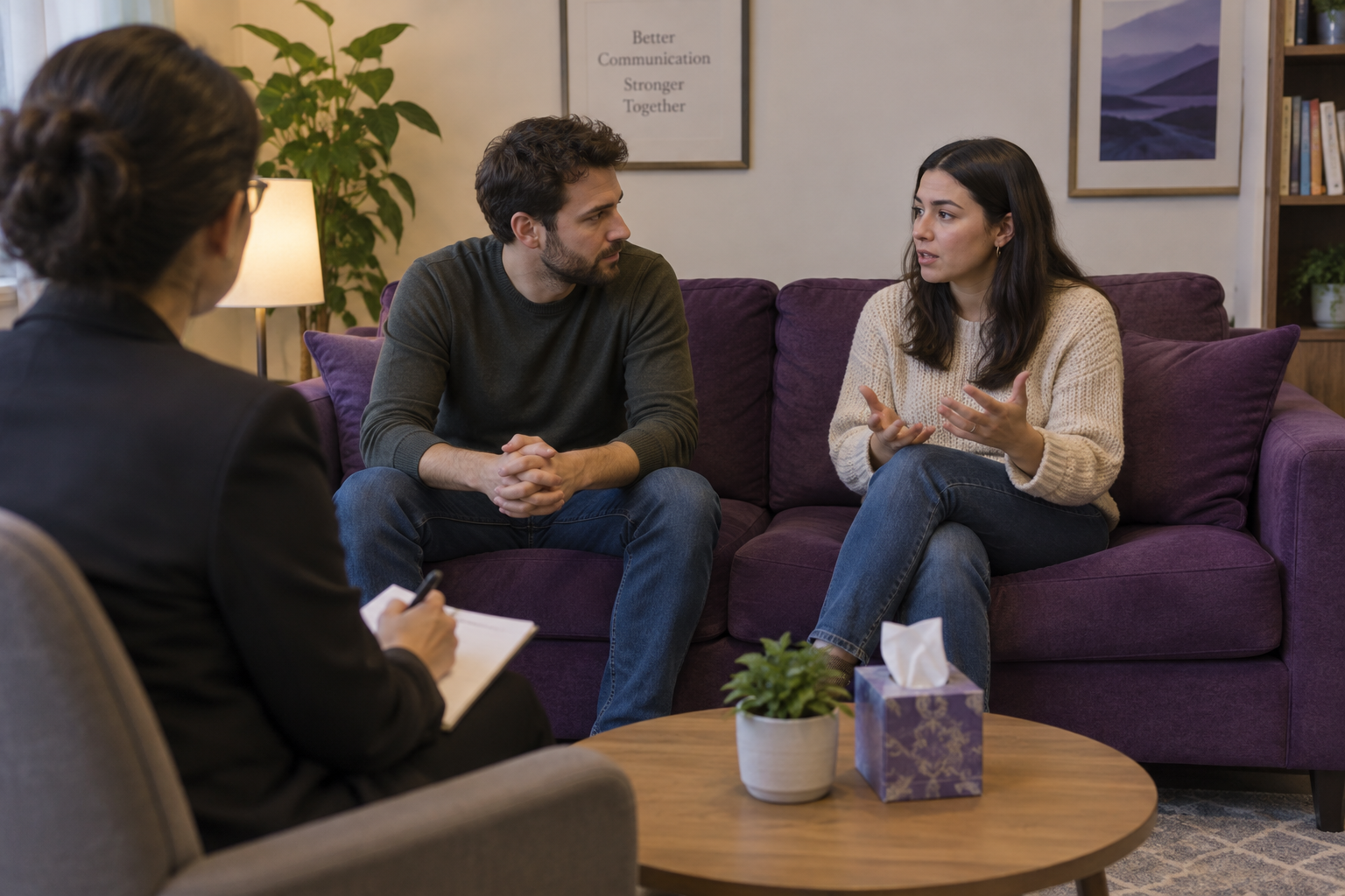 A woman and a man are seated on a purple couch, engaged in a conversation. A third woman, with a notepad, is taking notes. The setting appears to be a counseling or therapy session in a cozy room with bookshelves, framed artwork, and a plant.