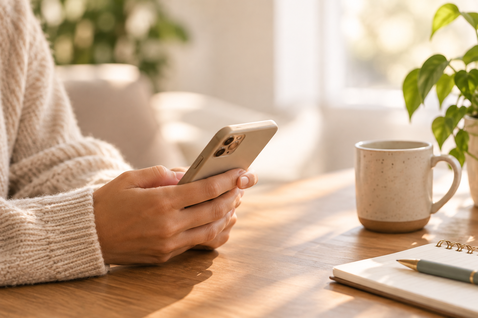 Person wearing a cozy beige sweater holding a smartphone, sitting at a wooden table with a coffee mug, a notebook, and a pen, in a sunlit room with green plants.