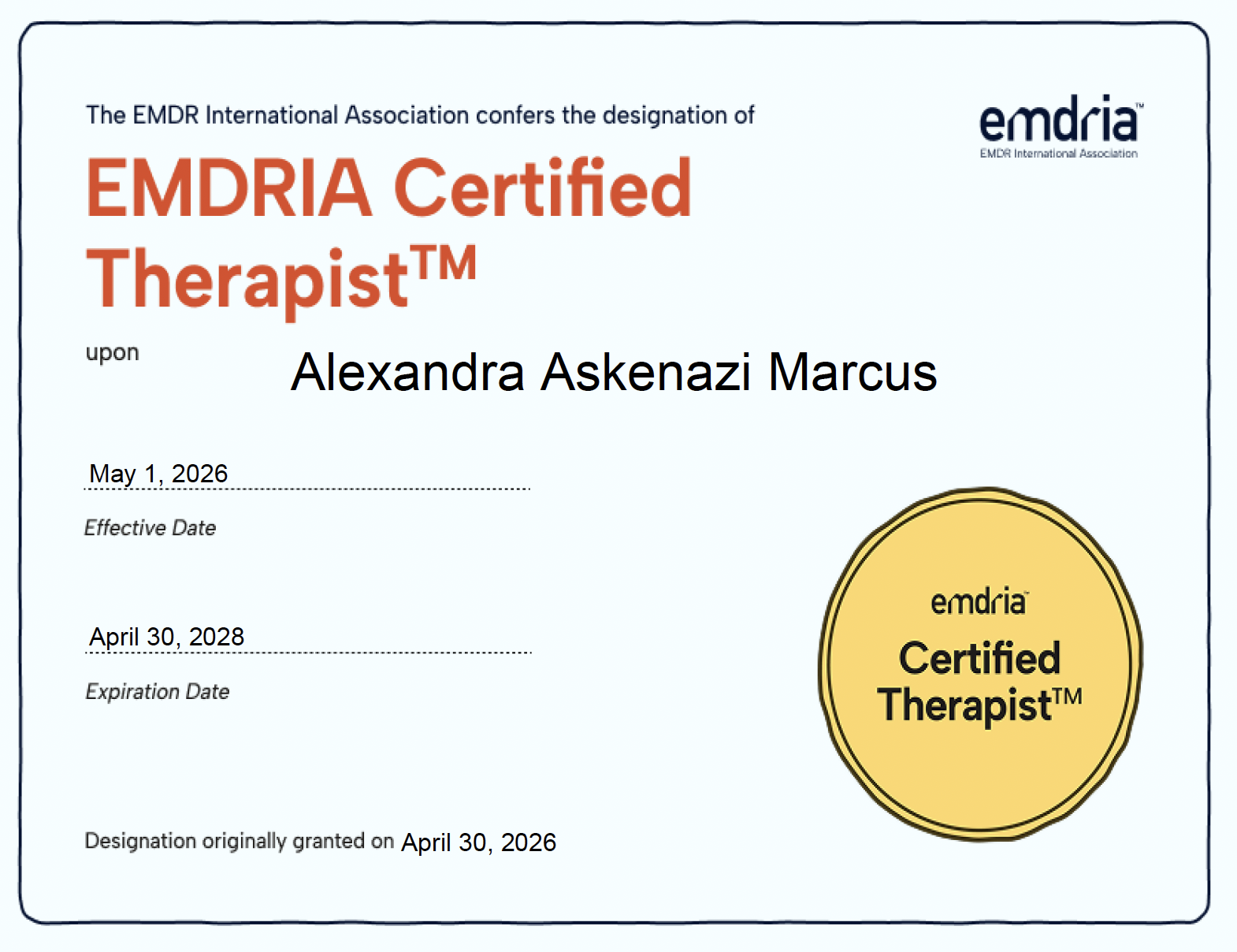 A certificate from the EMDR International Association designating Alexandra Askenazi Marcus as an EMDR Certified Therapist, valid from May 1, 2026, to April 30, 2028.