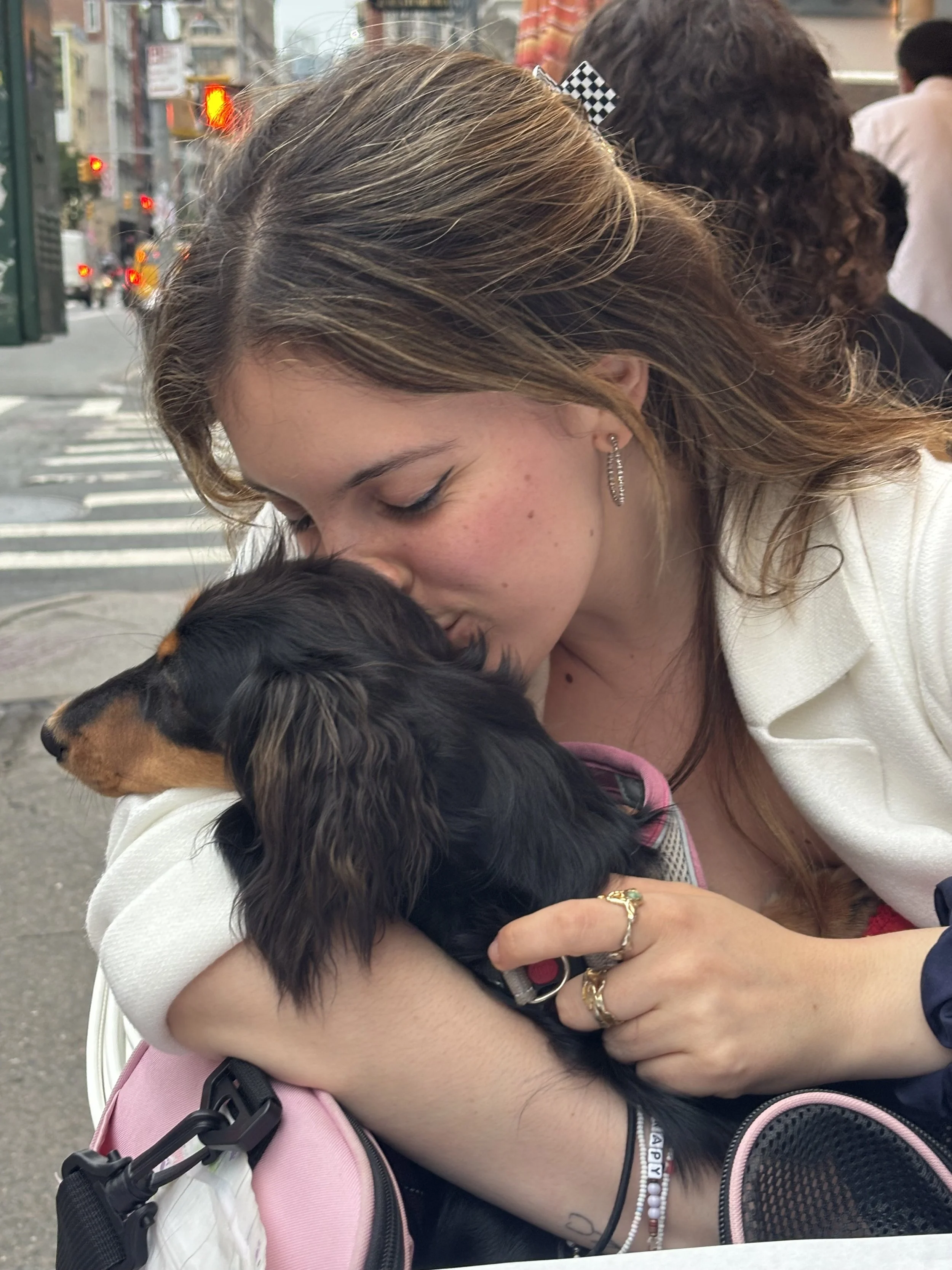 A woman with light brown hair and earrings embraces a black and tan dog, both with eyes closed, in an outdoor urban setting near a crosswalk with traffic lights.