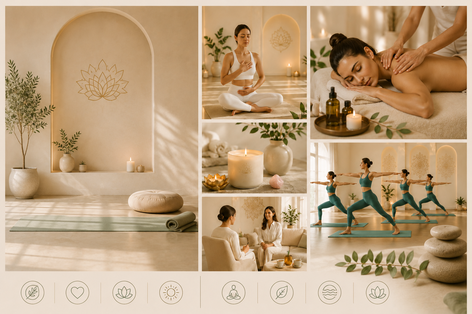 Intaerior de un centro de bienestar con decoraciones neutras, velas y plantas, mostrando yoga, meditación, terapia de masaje y sonoterapia en un ambiente relajante con luz natural.