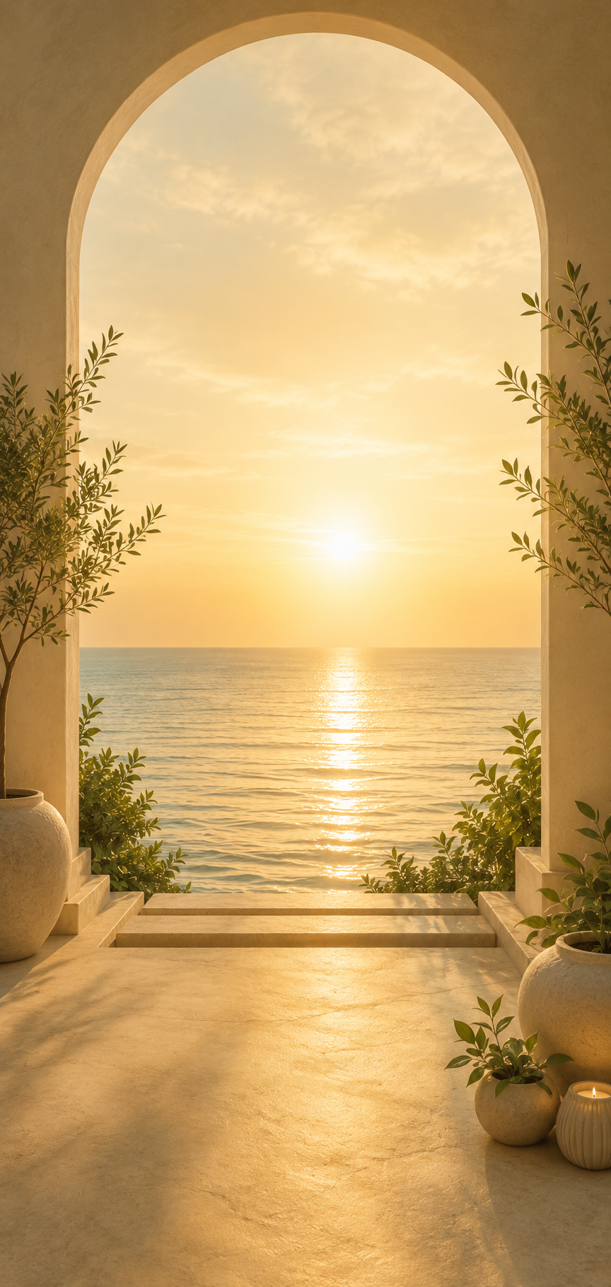 Vista del atardecer sobre el mar vista desde una terraza o balcón con arcos, decorada con plantas en macetas y una vela. Iluminada por la luz cálida del sol