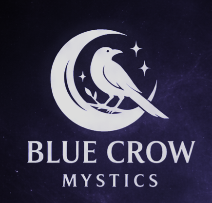 Logo of a white dove sitting on a crescent moon with stars, with the text 'BLUE CROW MYSTICS' below.