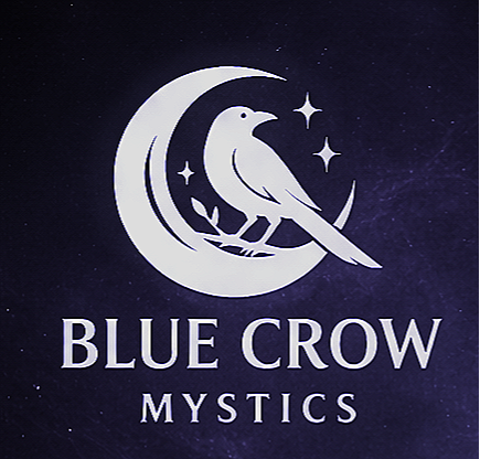 Logo for Blue Crow Mystics featuring a blue crow perched on a crescent moon with stars, set against a dark starry background.